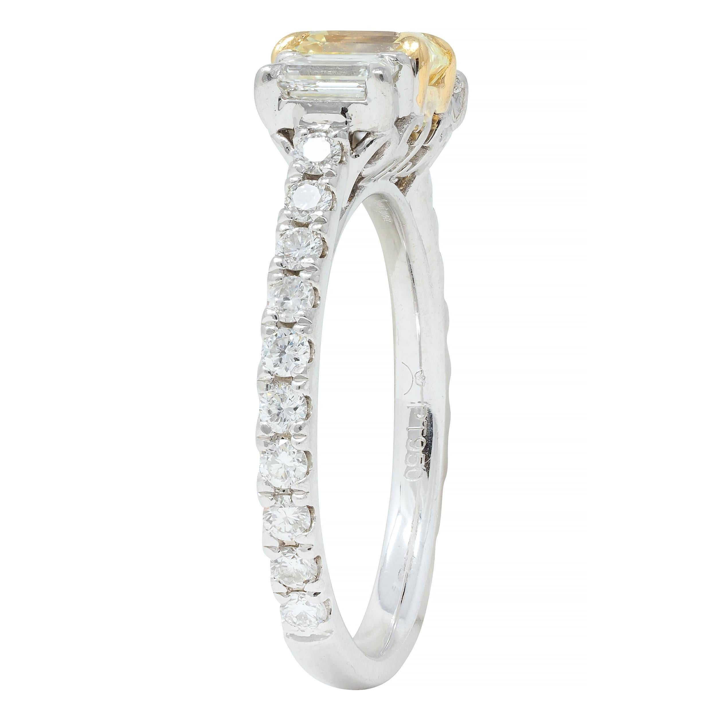 1.61 CTW Fancy Yellow Emerald Cut Diamond Platinum 18K Gold Engagement Ring For Sale 6