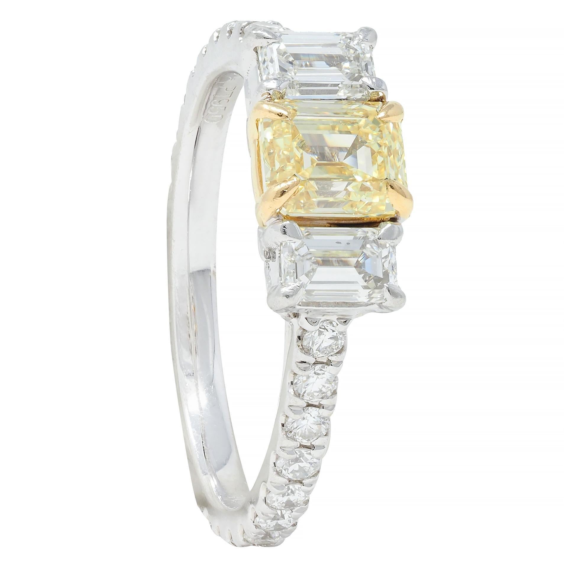 1.61 CTW Fancy Yellow Emerald Cut Diamond Platinum 18K Gold Engagement Ring For Sale 7