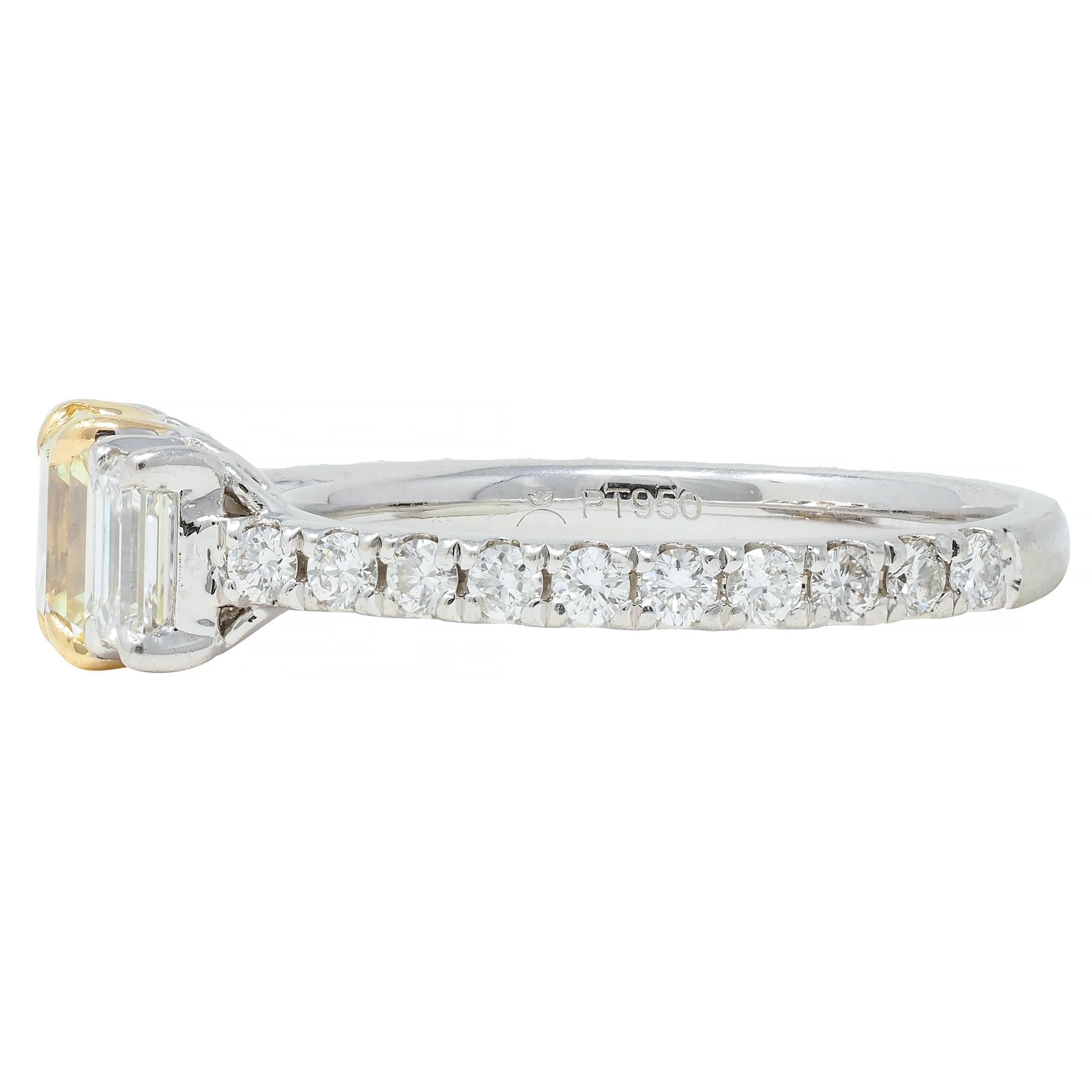 Women's or Men's 1.61 CTW Fancy Yellow Emerald Cut Diamond Platinum 18K Gold Engagement Ring For Sale