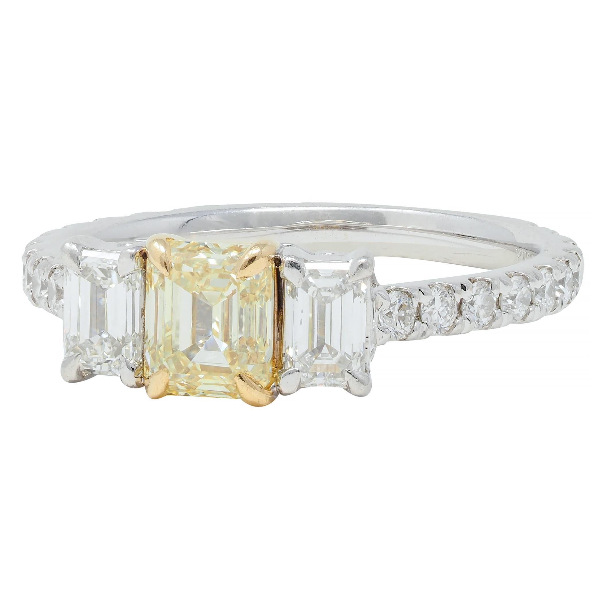 1.61 CTW Fancy Yellow Emerald Cut Diamond Platinum 18K Gold Engagement Ring For Sale 1