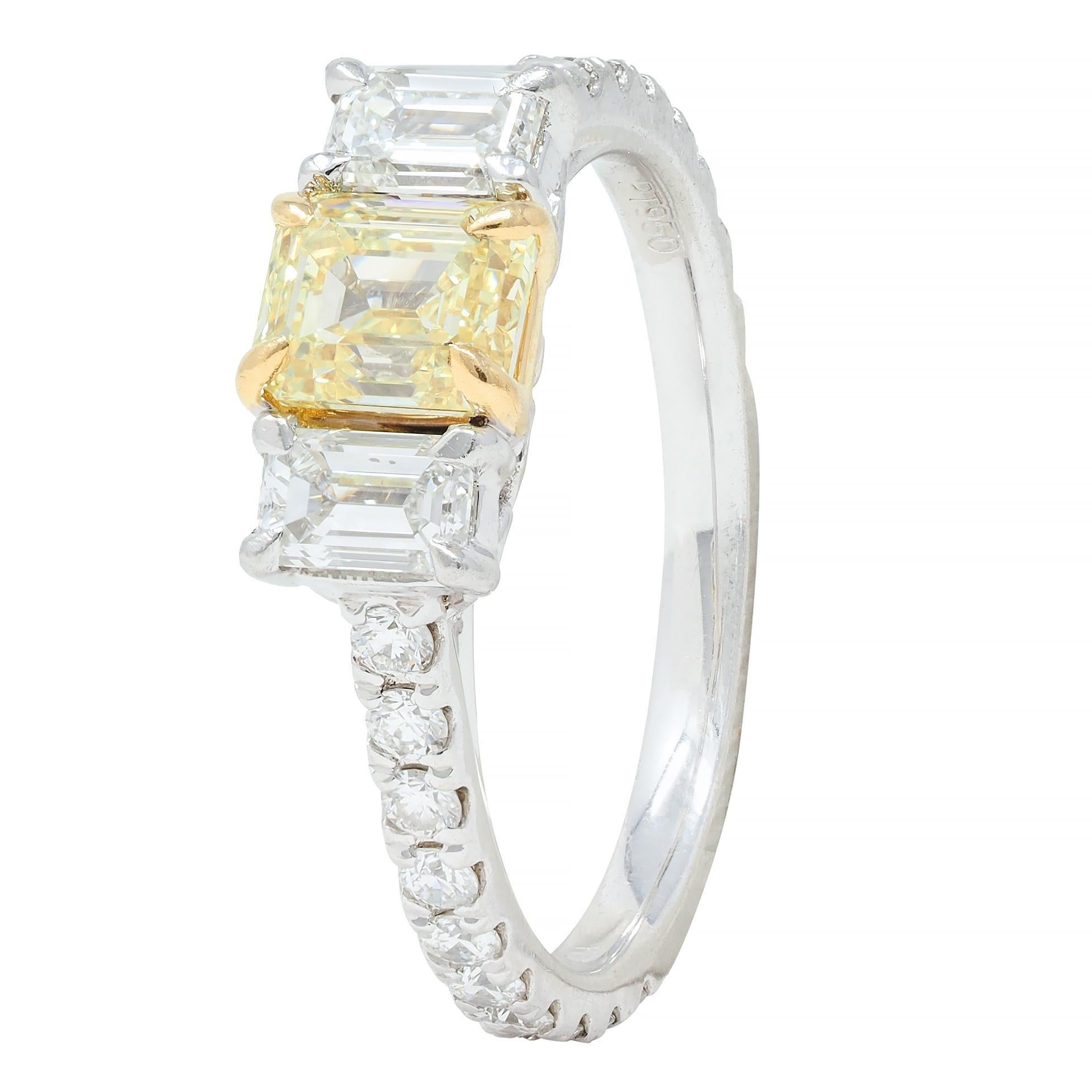 1.61 CTW Fancy Yellow Emerald Cut Diamond Platinum 18K Gold Engagement Ring For Sale 3