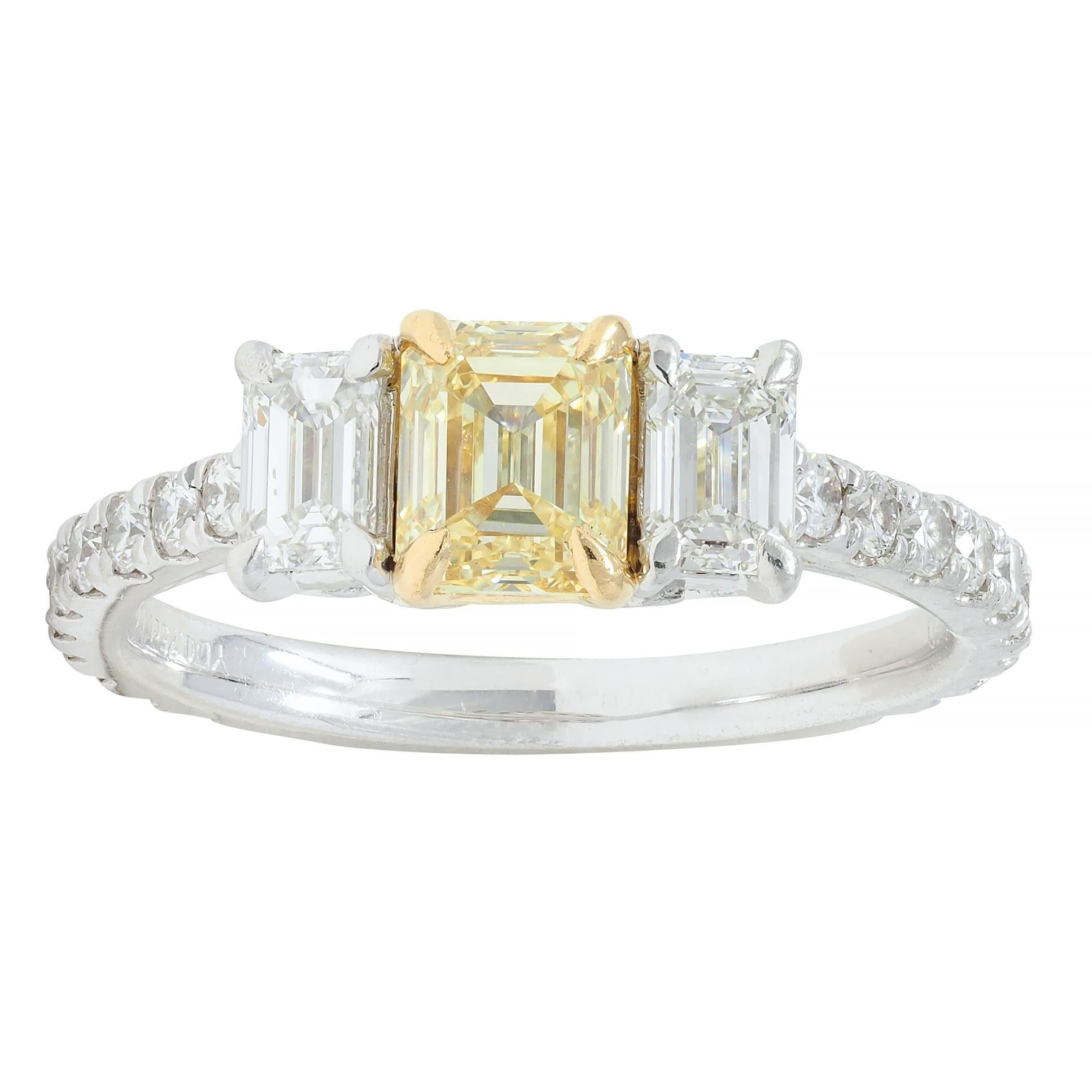 1.61 CTW Fancy Yellow Emerald Cut Diamond Platinum 18K Gold Engagement Ring For Sale 4