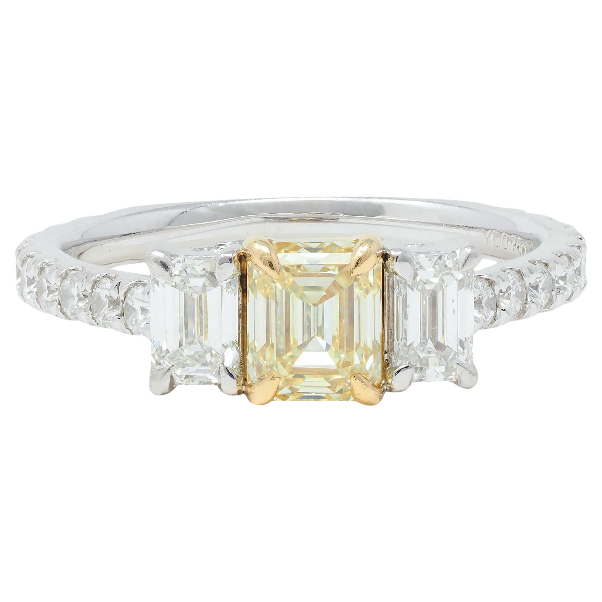 1.61 CTW Fancy Yellow Emerald Cut Diamond Platinum 18K Gold Engagement Ring For Sale