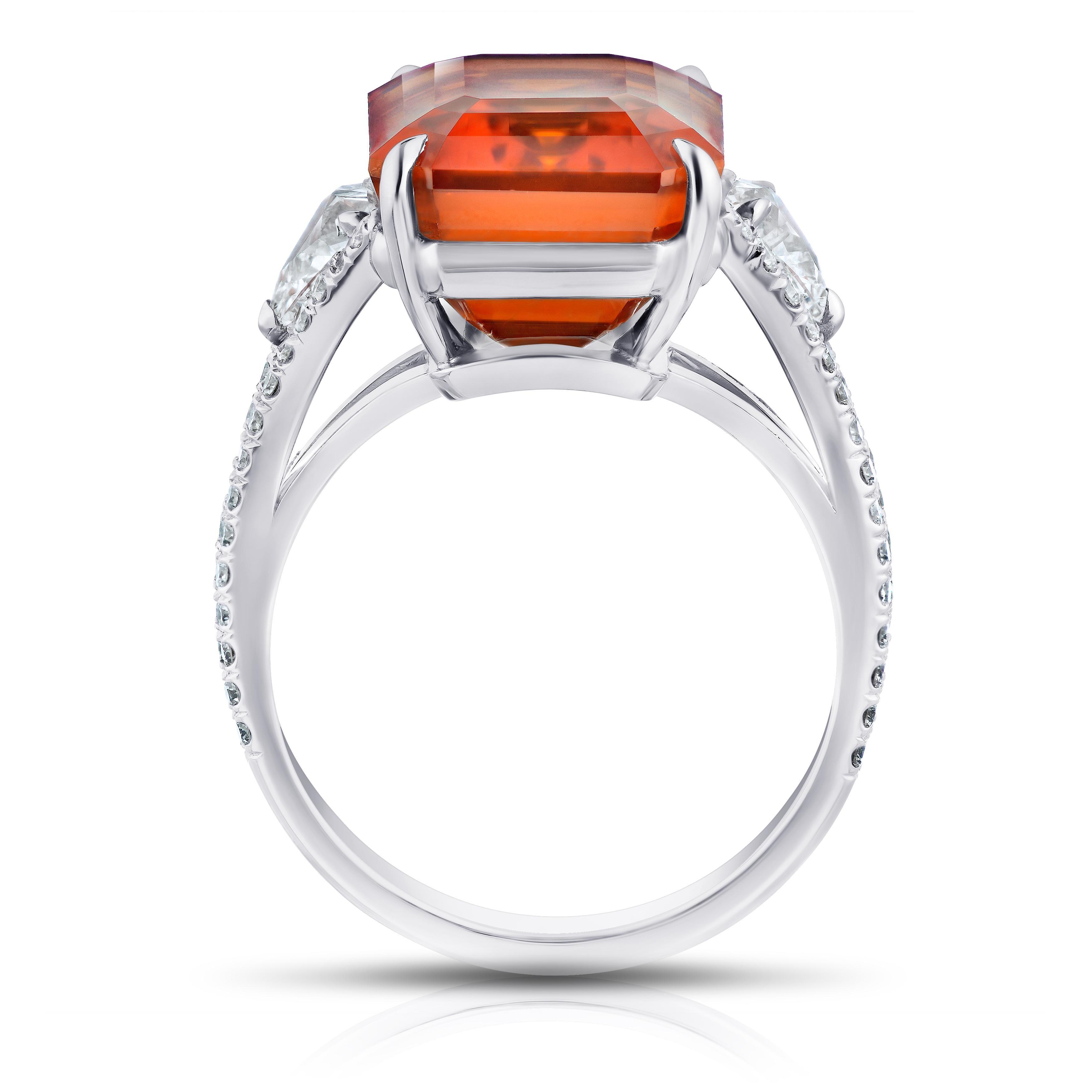 Contemporary 16.10 Carat Emerald Cut Orange Sapphire and Diamond Ring