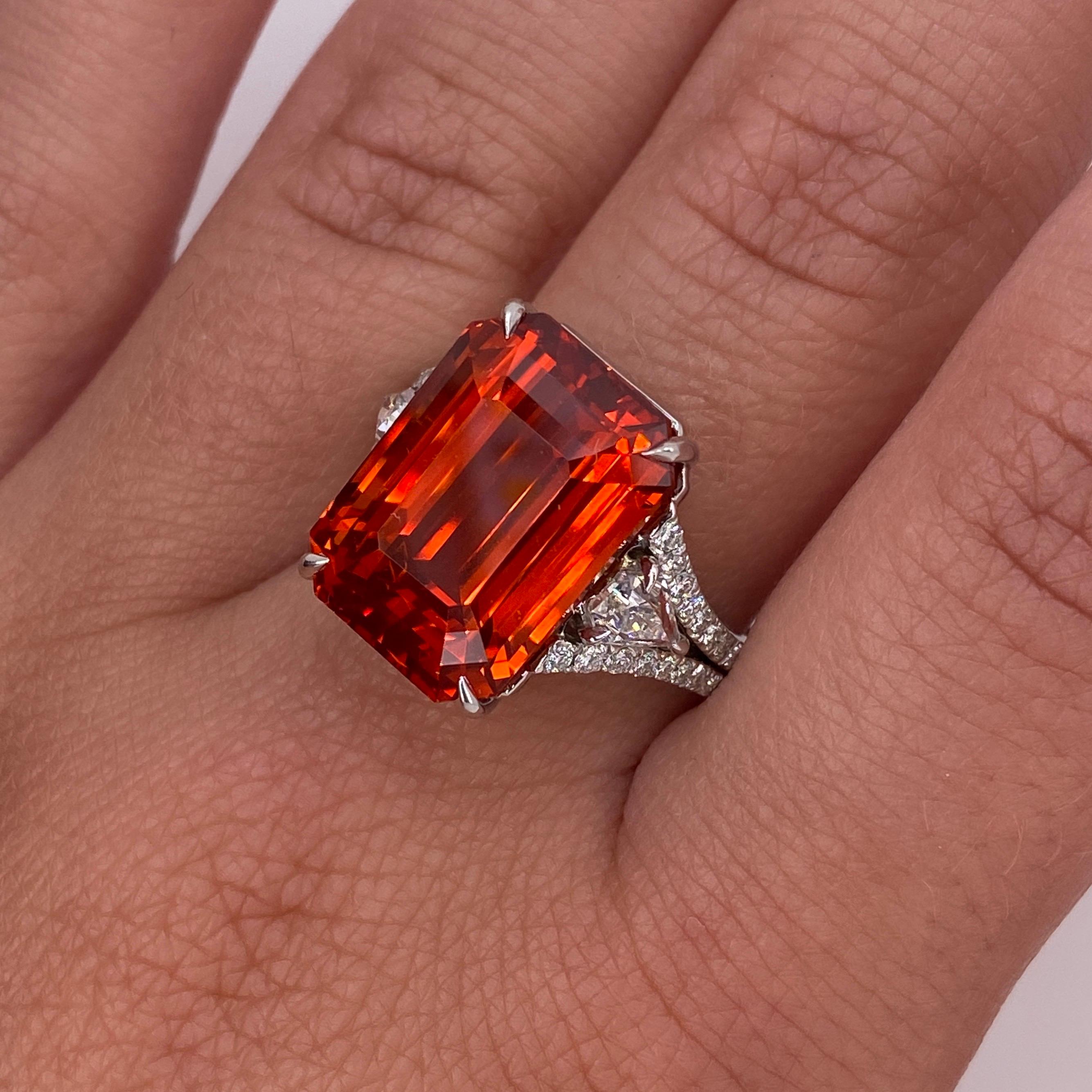 16.10 Carat Emerald Cut Orange Sapphire and Diamond Ring 4
