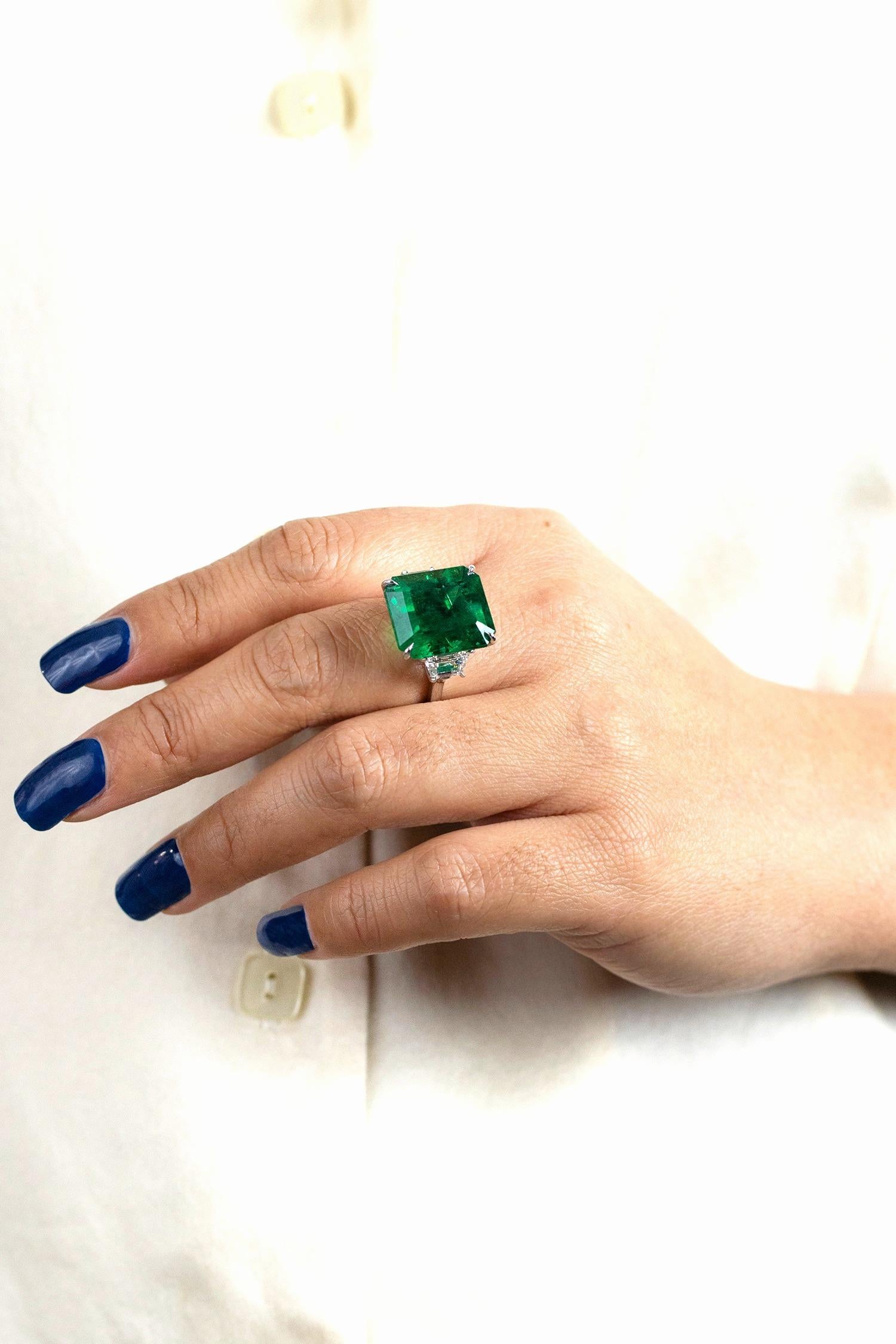 Emerald Cut Roman Malakov 16.10 Carats Emerald & Diamond Three-Stone Engagement Ring For Sale