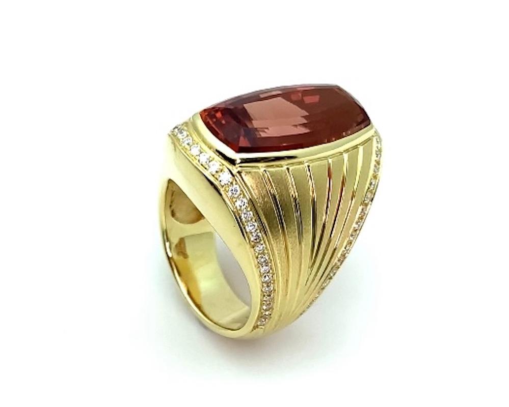 16.10 Imperial Topaz Cushion, Diamond Border 18k Yellow Gold Bezel Band Ring In New Condition In Los Angeles, CA