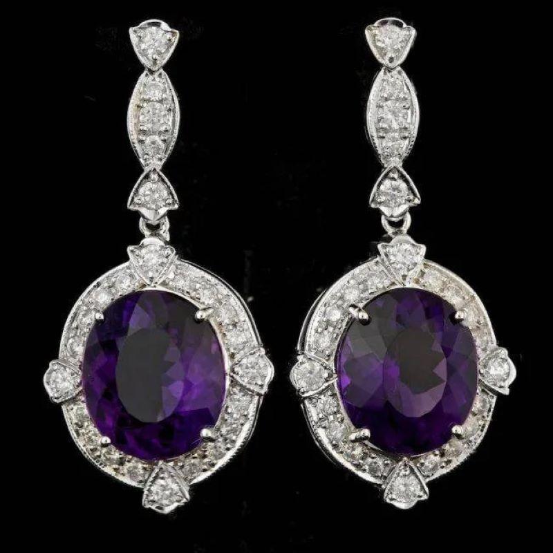 Mixed Cut 16.10ct Natural Amethyst and Diamond 14K Solid White Gold Earrings For Sale