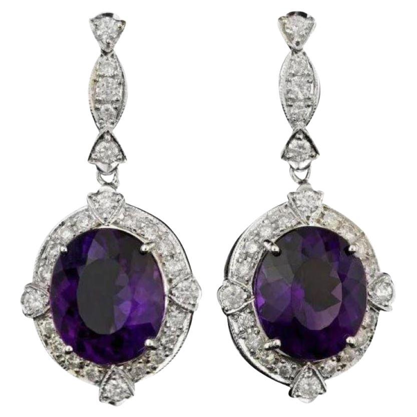 16.10ct Natural Amethyst and Diamond 14K Solid White Gold Earrings