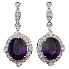 16.10ct Natural Amethyst and Diamond 14K Solid White Gold Earrings