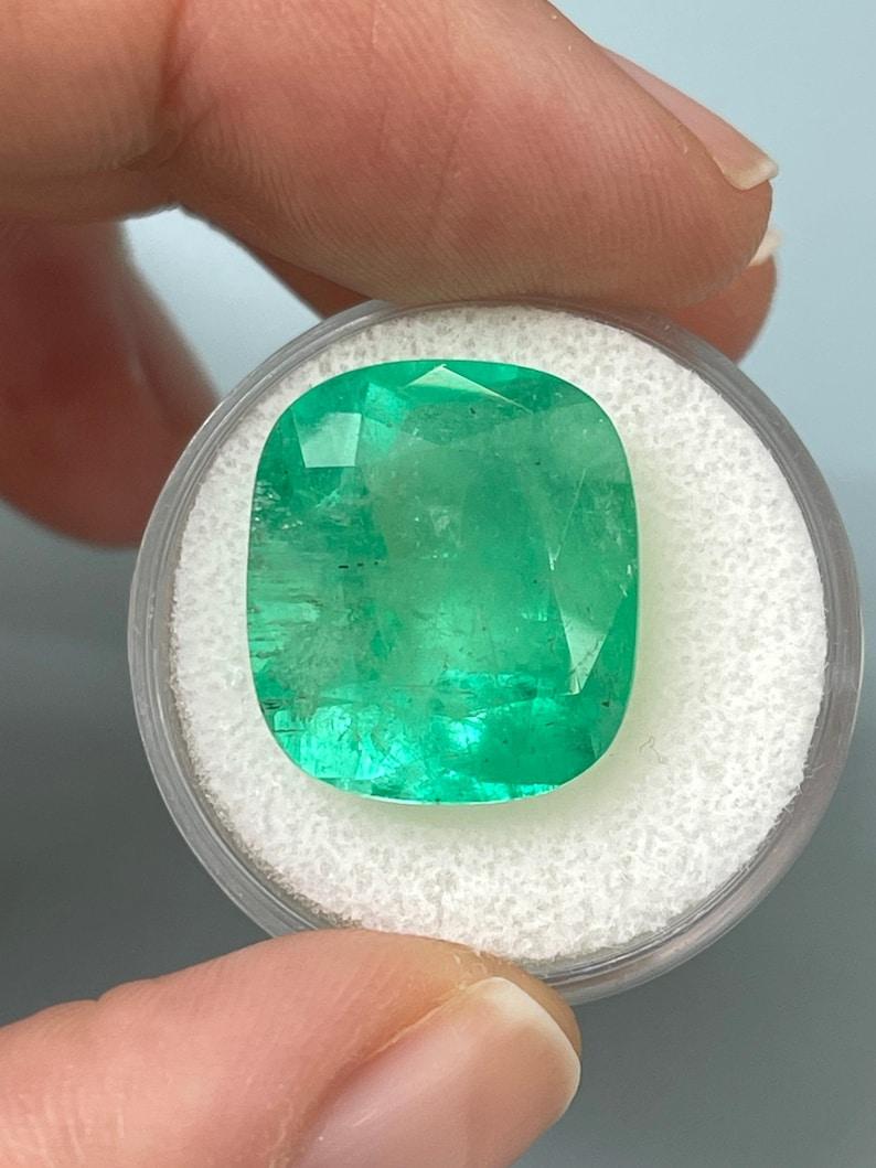 Pierre : Émeraude
Poids : 16,11 carats
Forme : Coupe coussin
Clarté : Semi-Transparent
Lustre : Très bon
Couleur : vert jaunâtre moyen
Dimensions : 17,50 mm x 15,40 mm x 10,19 mm
Origine géographique : Colombie
Traitement : Naturel,