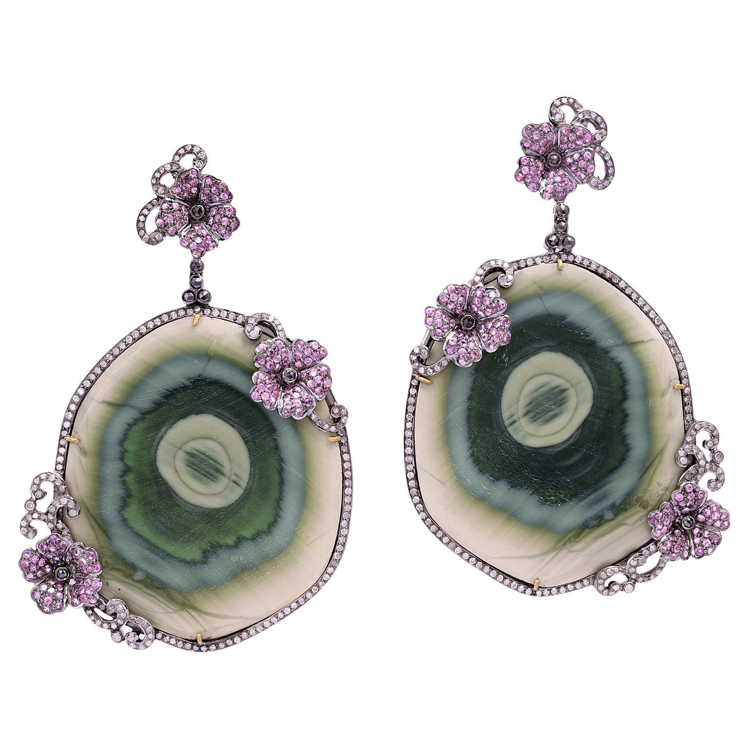 Sliced Jasper Dangle Earrings With Pink Sapphire Flower Motifs For Sale