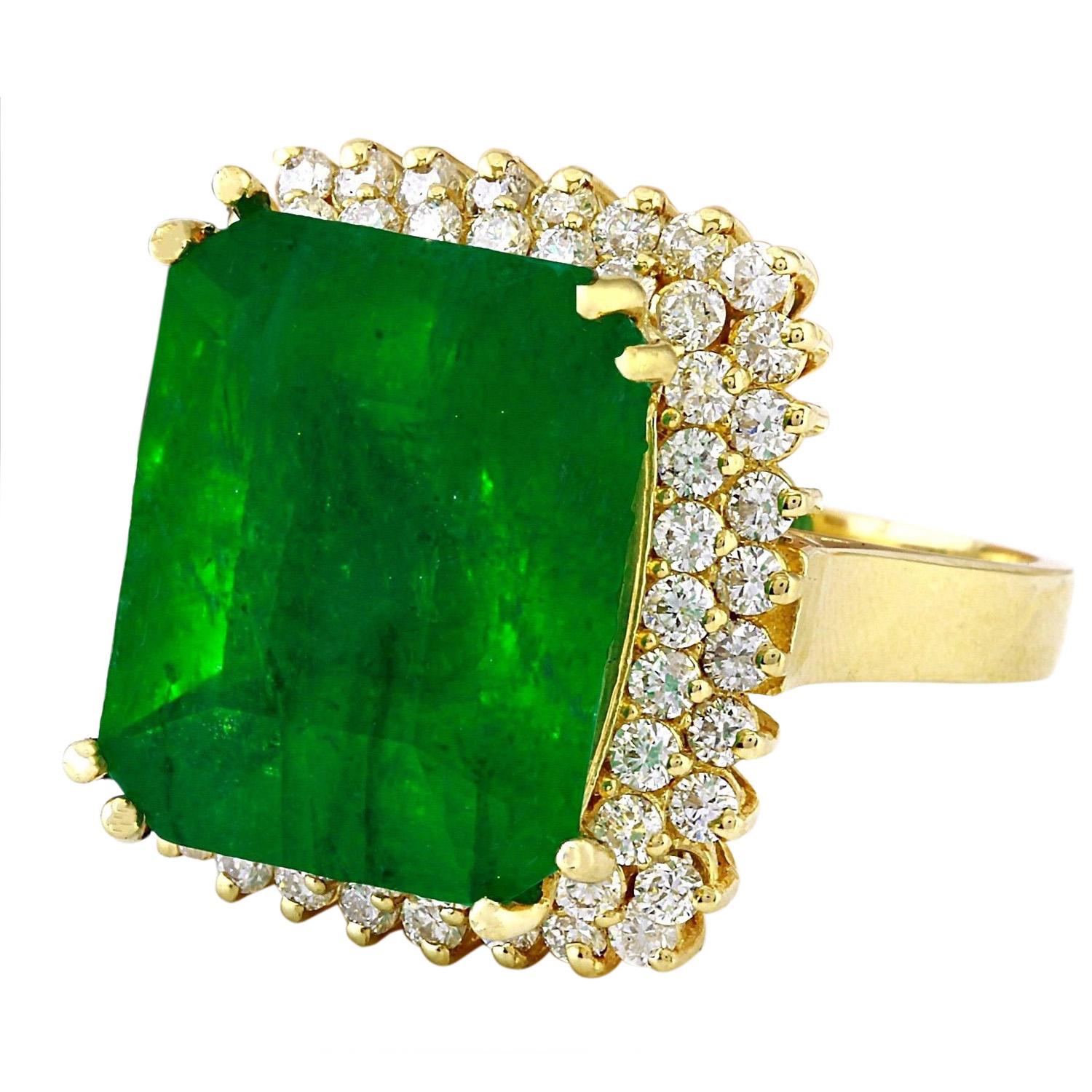 16.13 Carat Natural Emerald 14K Solid Yellow Gold Diamond Ring
 Item Type: Ring
 Item Style: Cocktail
 Material: 14K Yellow Gold
 Mainstone: Emerald
 Stone Color: Green
 Stone Weight: 14.13 Carat
 Stone Shape: Emerald
 Stone Quantity: 1
 Stone