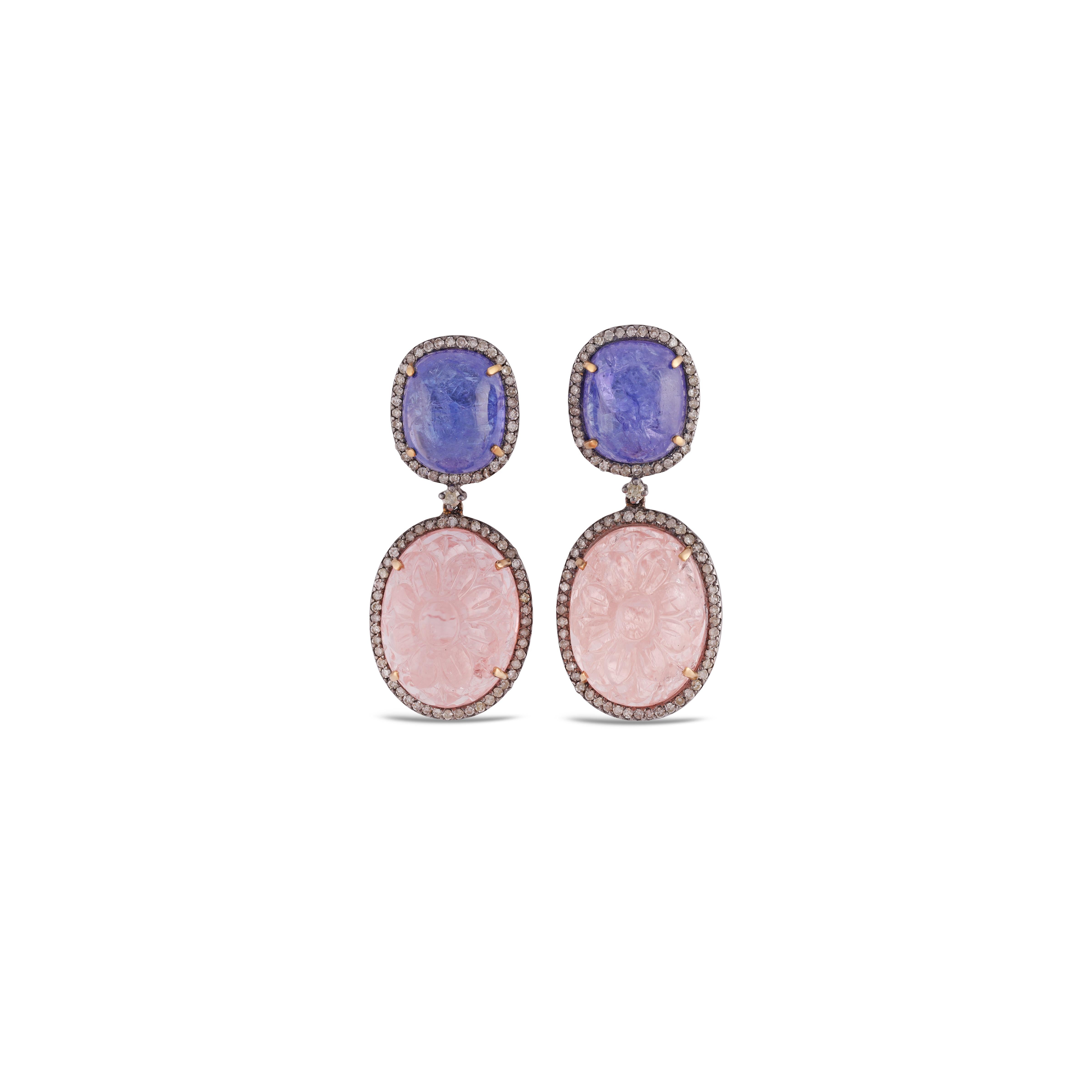A stunning, Victorian  and impressive pair of  16.13 carat blue tanzanite, Morganite 30.68 Carat & 0.99 Carat  Diamond with Solid 14k Gold & Silver 

Studs create a subtle beauty while showcasing the colors of the natural precious gemstones and