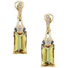 16 ct. t.w. Yellow Beryl, Black Diamond Yellow Gold Art Deco Inspired Earrings