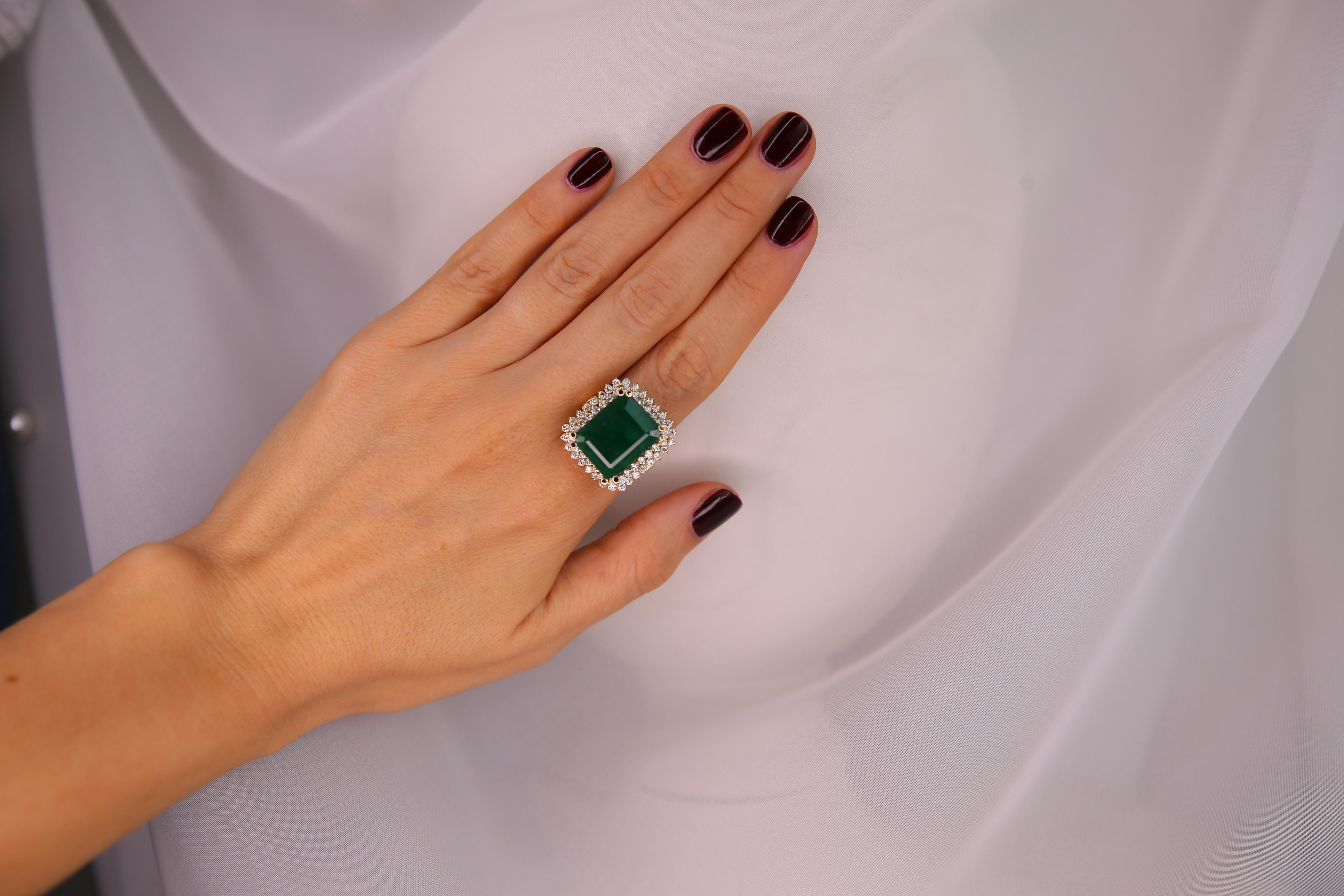 Emerald Cut 16.13 Carat Natural Emerald Yellow Gold Diamond Ring For Sale