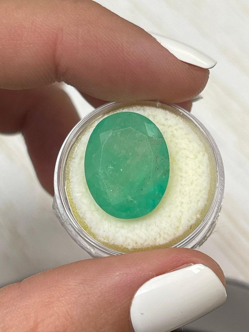 Stone: Emerald
Weight: 16.15-carats
Shape: Oval Cut
Clarity: Semi-Transparent
Luster: Good
Color: Light Green
Measurements: 18.25mm x 14.39mm x 10.71mm
Geographic Origin: Colombia
Treatment: Natural, Oiling

Comments: Due to their growth conditions