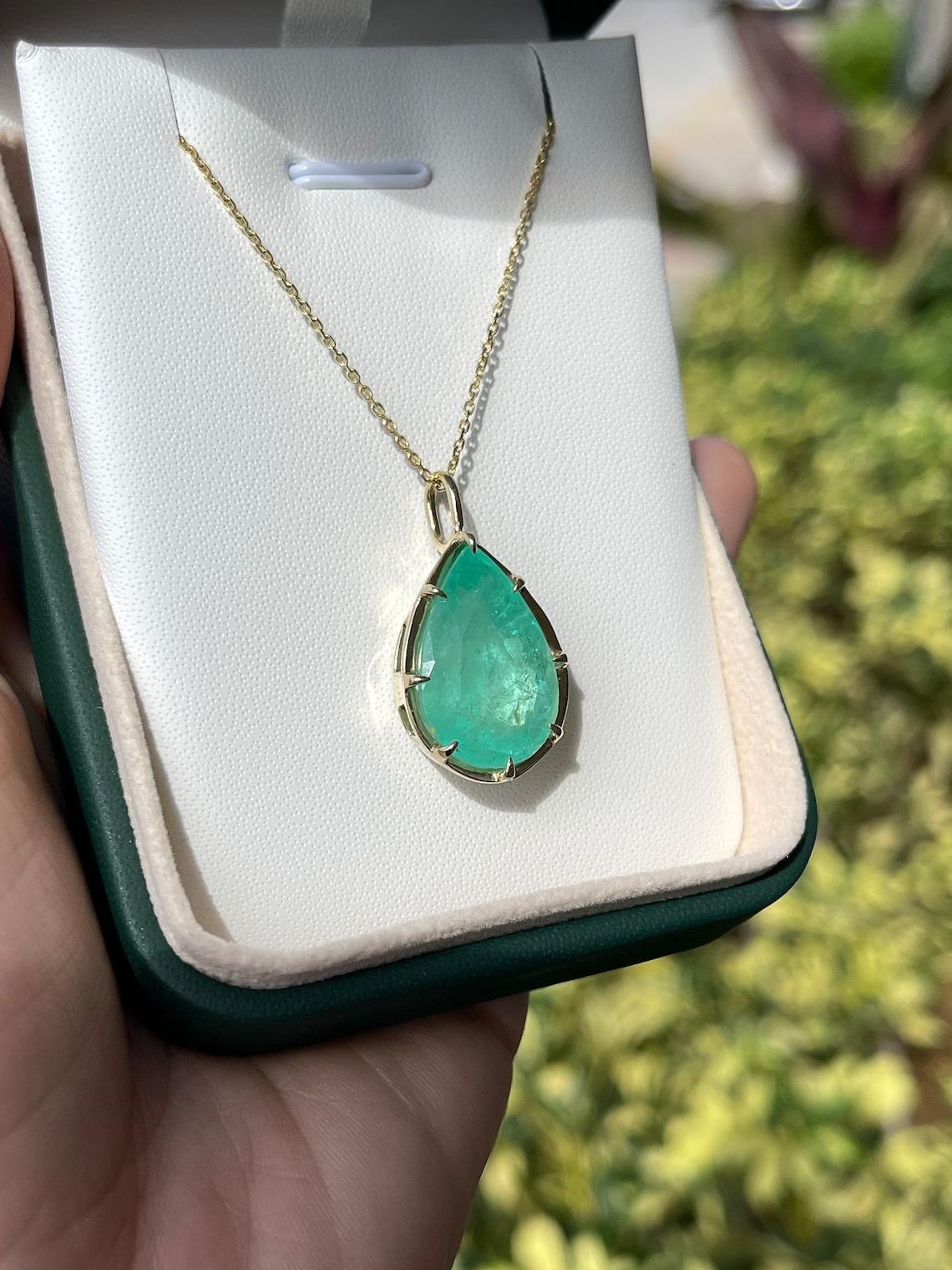 Contemporary 16.15ct 14K Massive Pear Vivid Colombian Emerald 8 Claw Prong Pendant Necklace For Sale