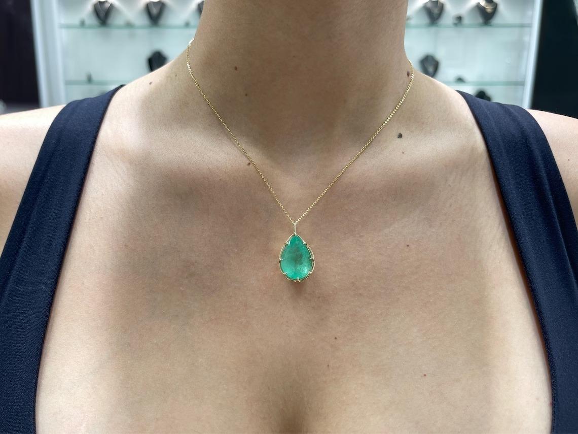 Pear Cut 16.15ct 14K Massive Pear Vivid Colombian Emerald 8 Claw Prong Pendant Necklace For Sale