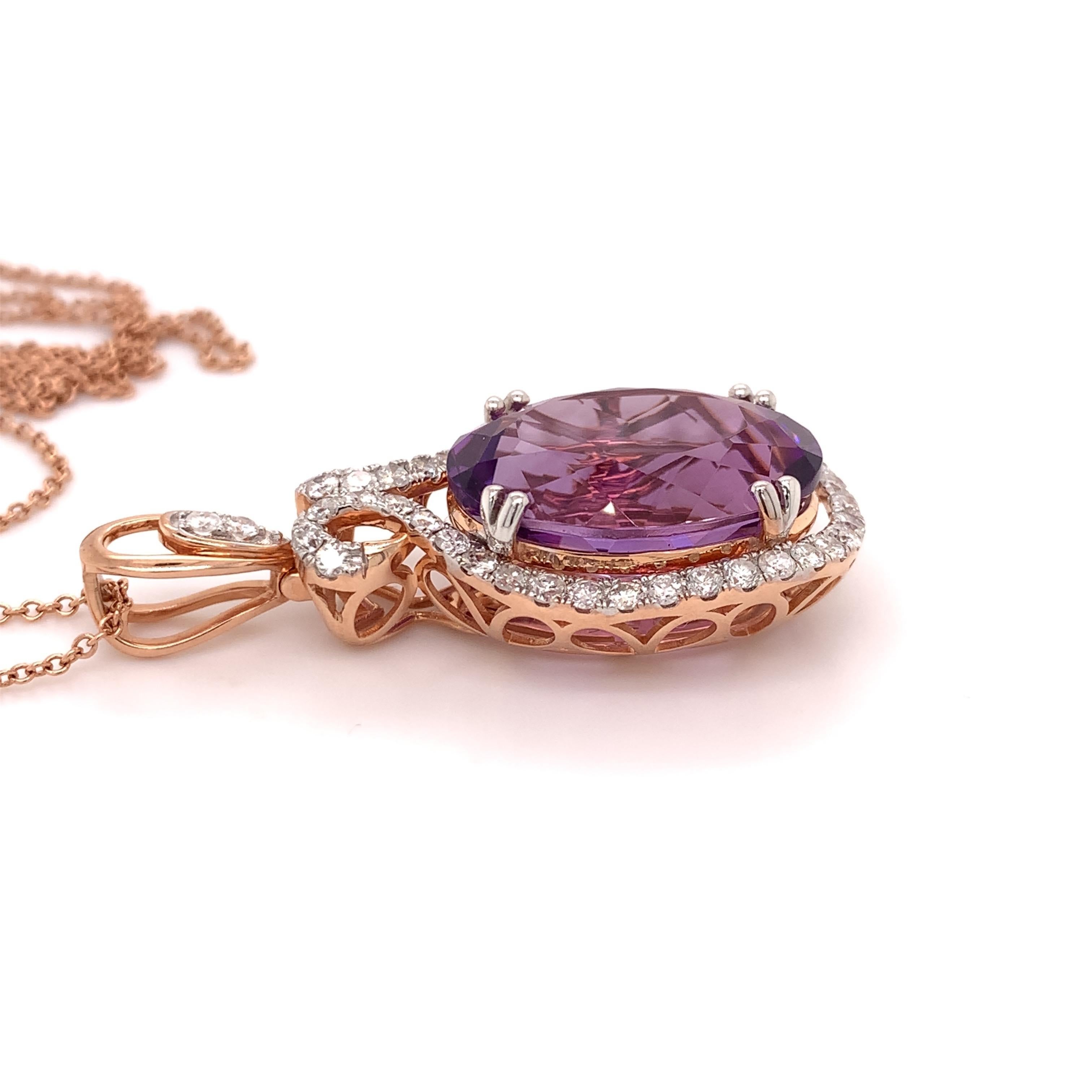 Radiant amethyst diamond pendant. High brilliance, transparent, violet purple oval faceted natural 16.16 carats amethyst encased in a basket with 8 bead prongs, accented with round brilliant cut diamonds. Handcrafted design set in 14 karats rose