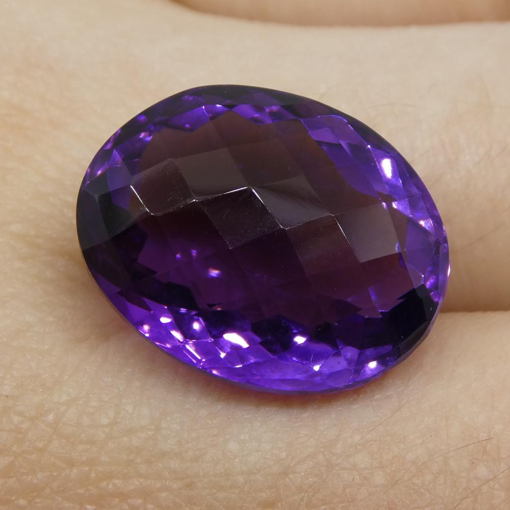 Description:

Gem Type: Amethyst
Number of Stones: 1
Weight: 16.16 cts
Measurements: 17.90x14.10x10 mm
Shape: Oval Checkerboard
Cutting Style Crown: Checkerboard
Cutting Style Pavilion: Modified Brilliant
Transparency: Transparent
Clarity: Very