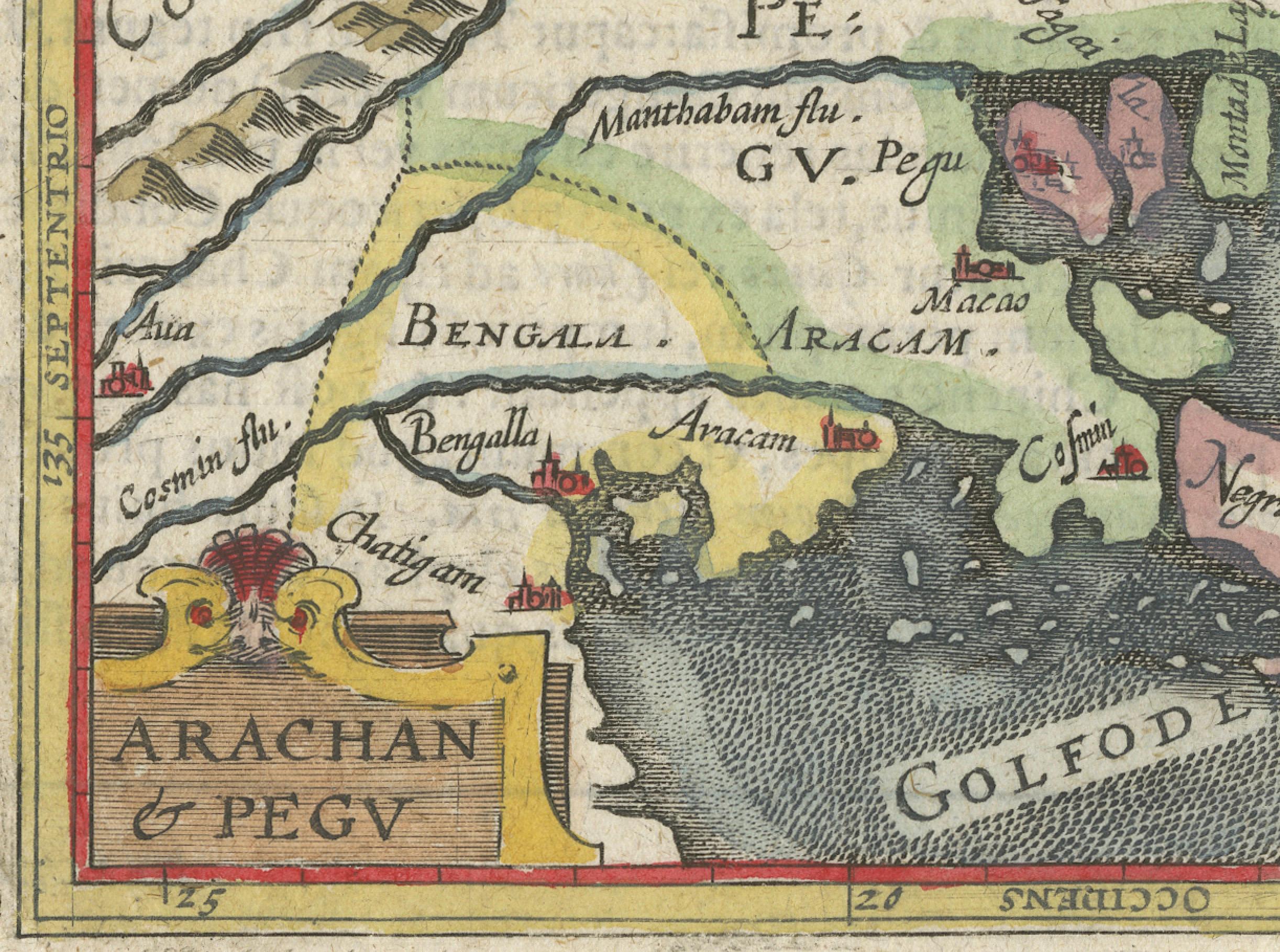 Titre :  1616 Petrus Bertius Carte de l'Arakan et du Pegu en Asie du Sud-Est  

Description : Cette carte du début du XVIIe siècle, intitulée Descriptio Arachan et Pegu, a été publiée en 1616 par Petrus Bertius, un cartographe et historien