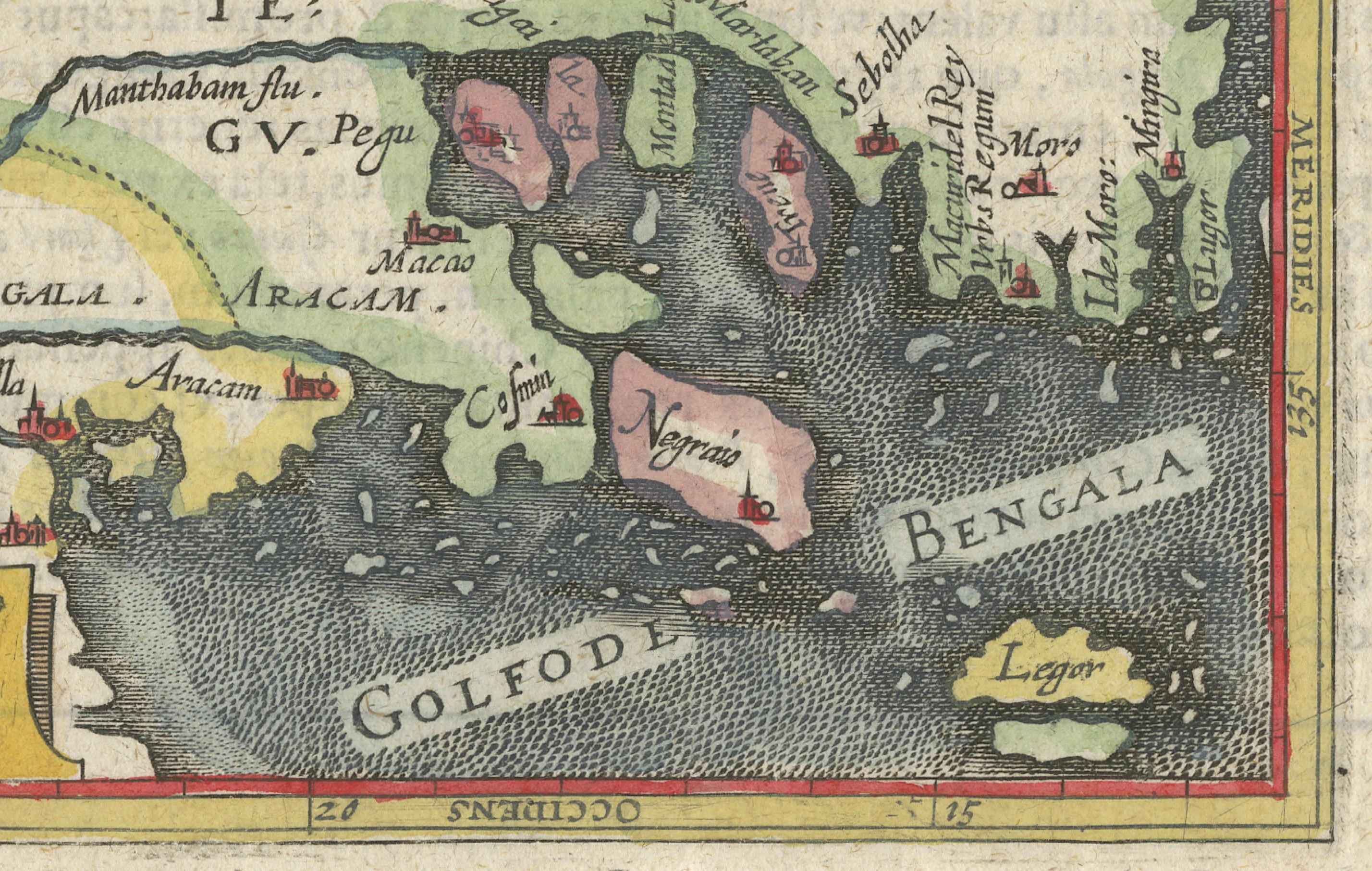 Gravé 1616 Petrus Bertius Carte de l'Arakan et du Pegu en Asie du Sud-Est en vente