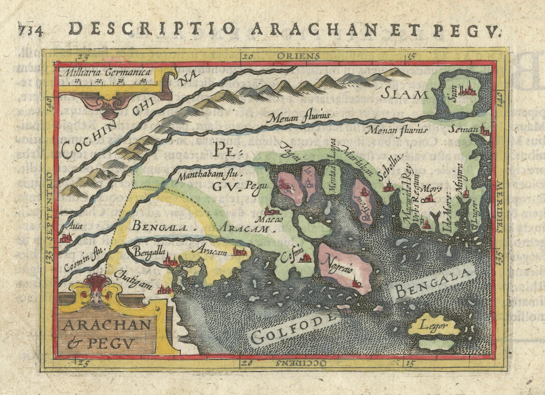 Papier 1616 Petrus Bertius Carte de l'Arakan et du Pegu en Asie du Sud-Est en vente