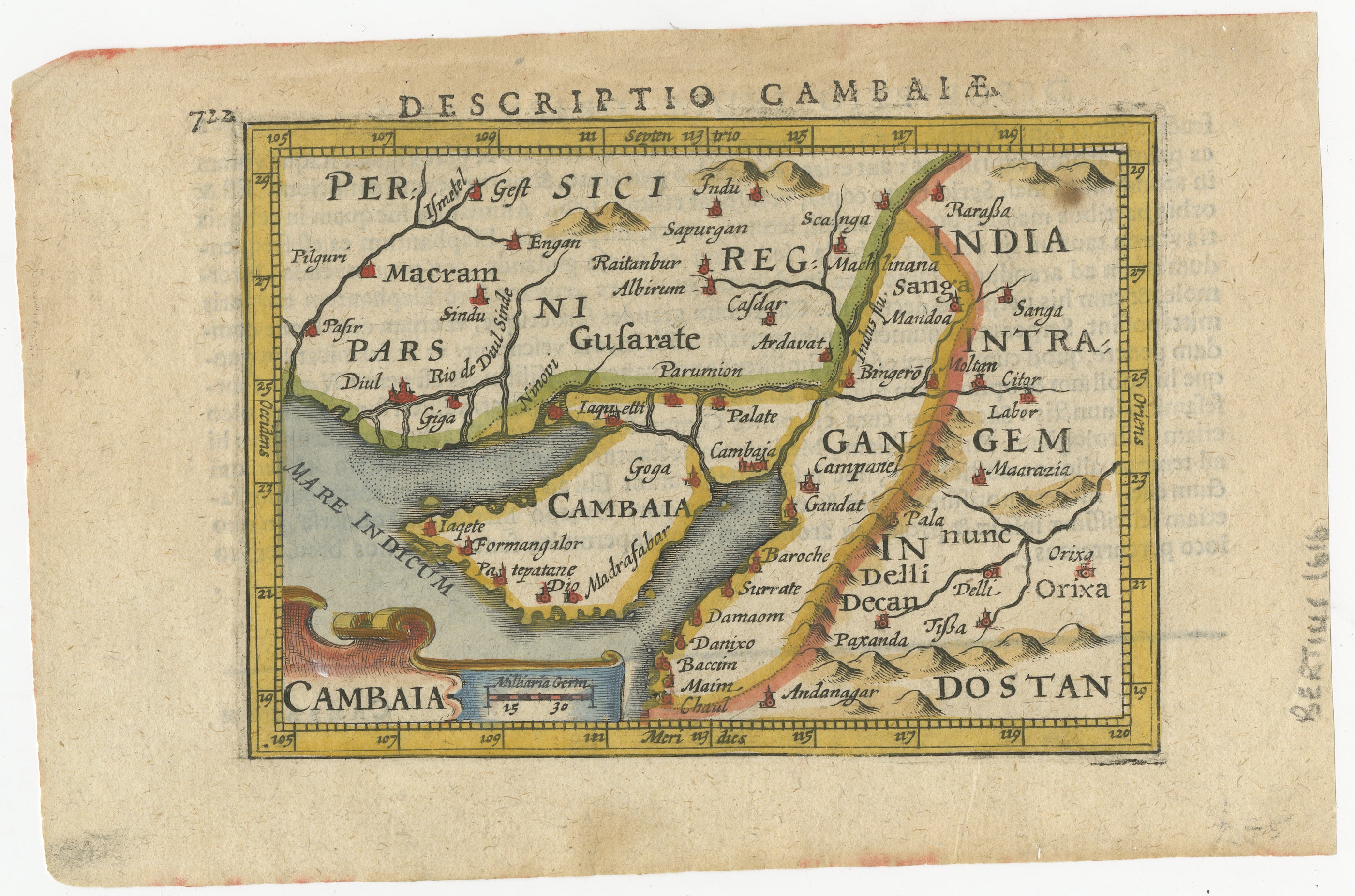 Title: 1616 Petrus Bertius Map of Cambay and Gujarat, India  

Description: This early seventeenth-century map, titled Descriptio Cambaiæ, was published in 1616 by Petrus Bertius, a well-known Dutch cartographer and historian. It depicts Cambay,