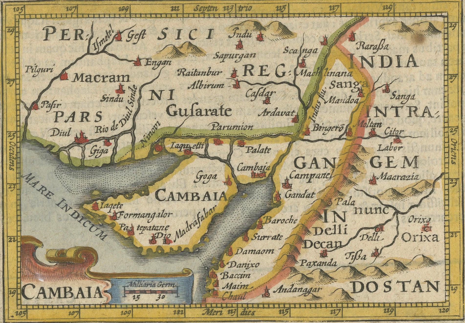 Engraved 1616 Petrus Bertius Miniature Map of Cambay (Gujarat, India) For Sale