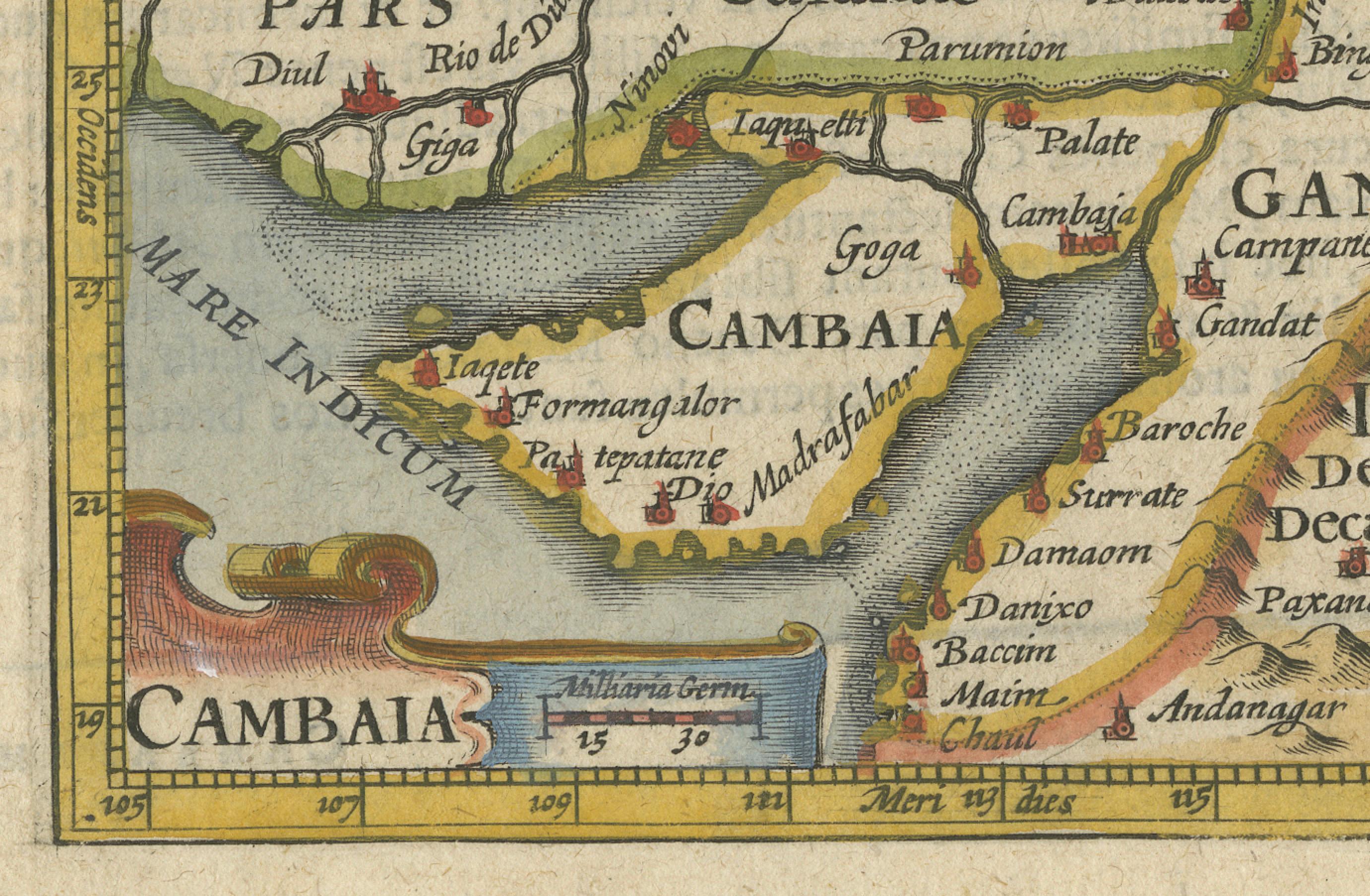 1616 Petrus Bertius Miniature Map of Cambay (Gujarat, India) In Good Condition For Sale In Langweer, NL