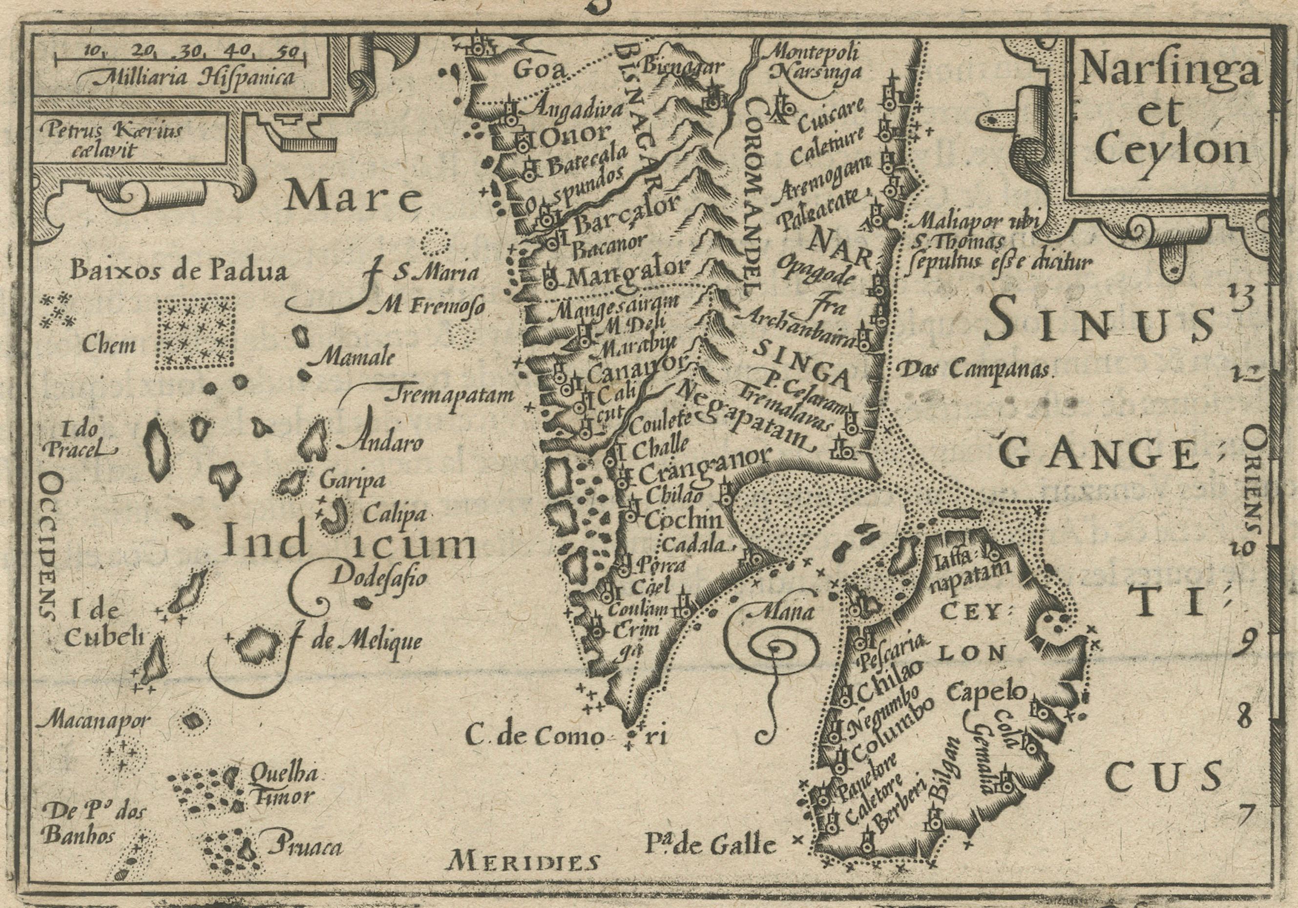 Título: 1616 Petrus Kaerius Map of Southern India and Ceylon - Narsinga et Ceylon

Este raro mapa grabado en cobre de principios del siglo XVII titulado 