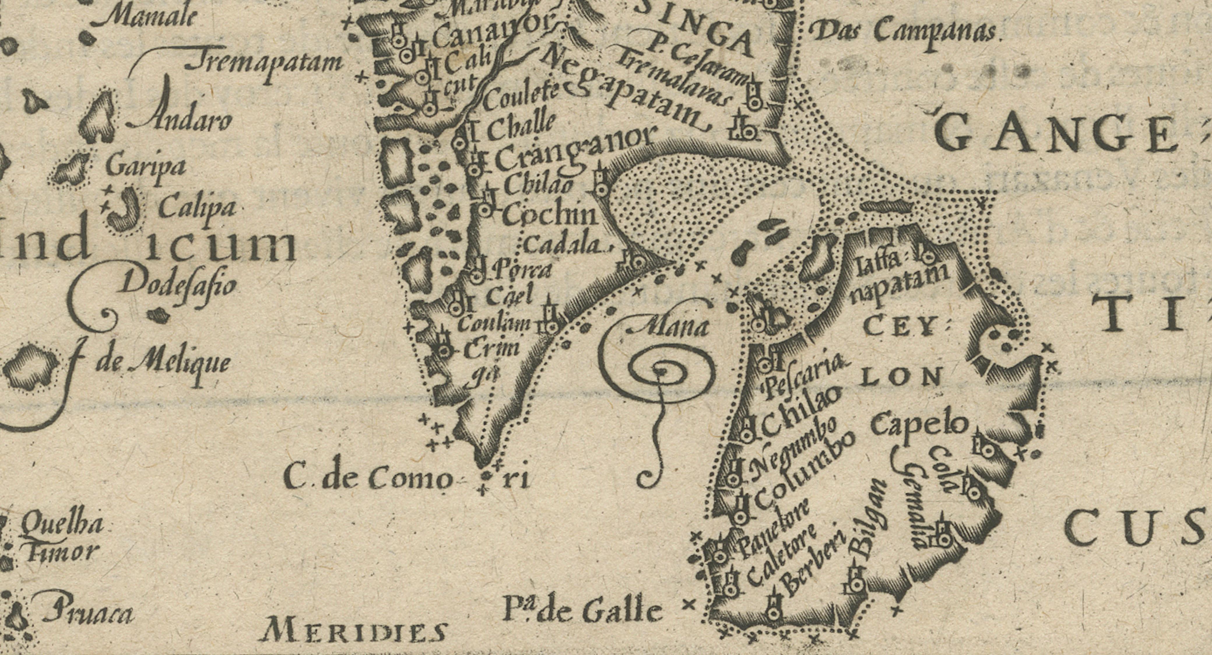 1616 Mapa de Petrus Kaerius del sur de la India y Ceilán - Narsinga et Ceylon Alemán en venta