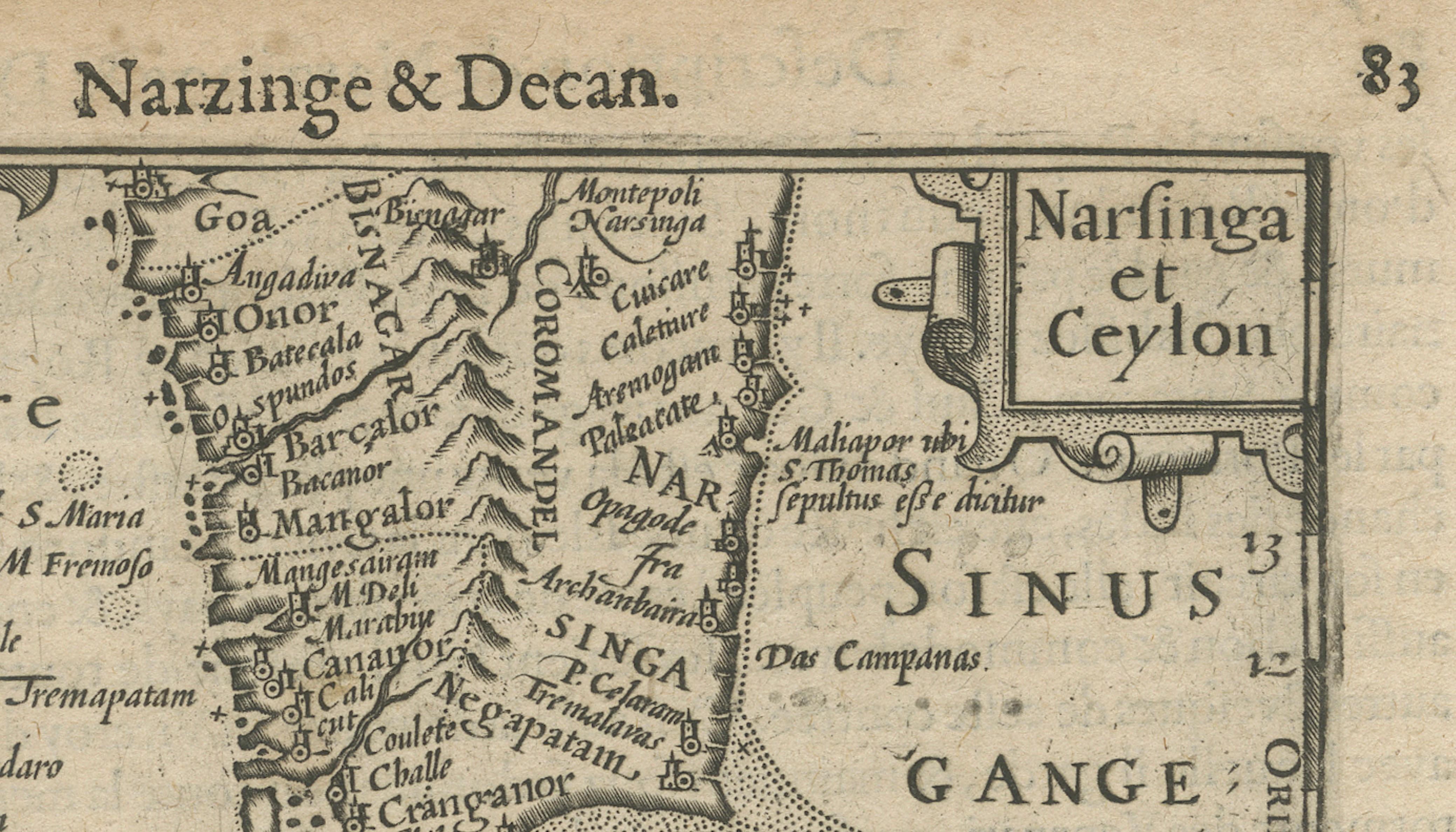 1616 Mapa de Petrus Kaerius del sur de la India y Ceilán - Narsinga et Ceylon Grabado en venta