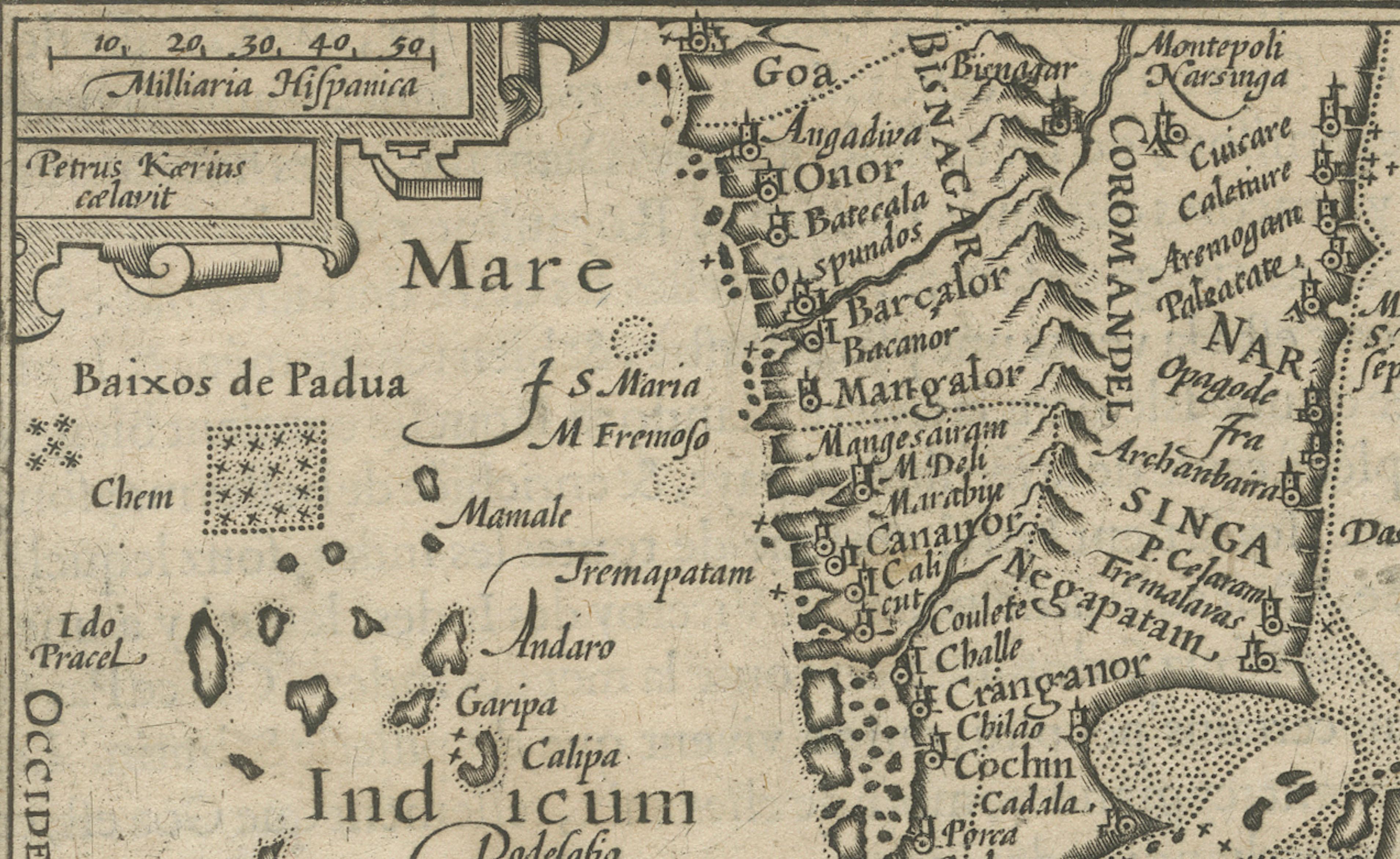 1616 Mapa de Petrus Kaerius del sur de la India y Ceilán - Narsinga et Ceylon en Bueno estado para la venta en Langweer, NL