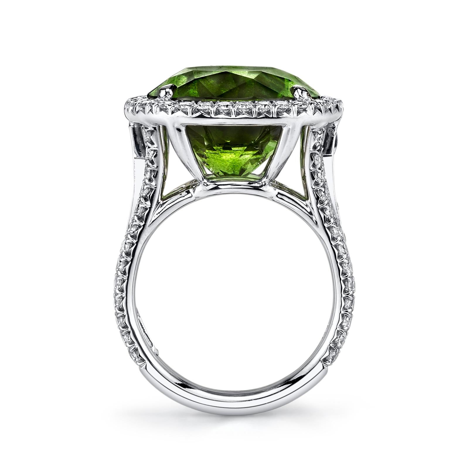 Art Deco 16.16ct Burmese Peridot Ring Adorned with 1.15ct Diamonds and Set in 18 KW
