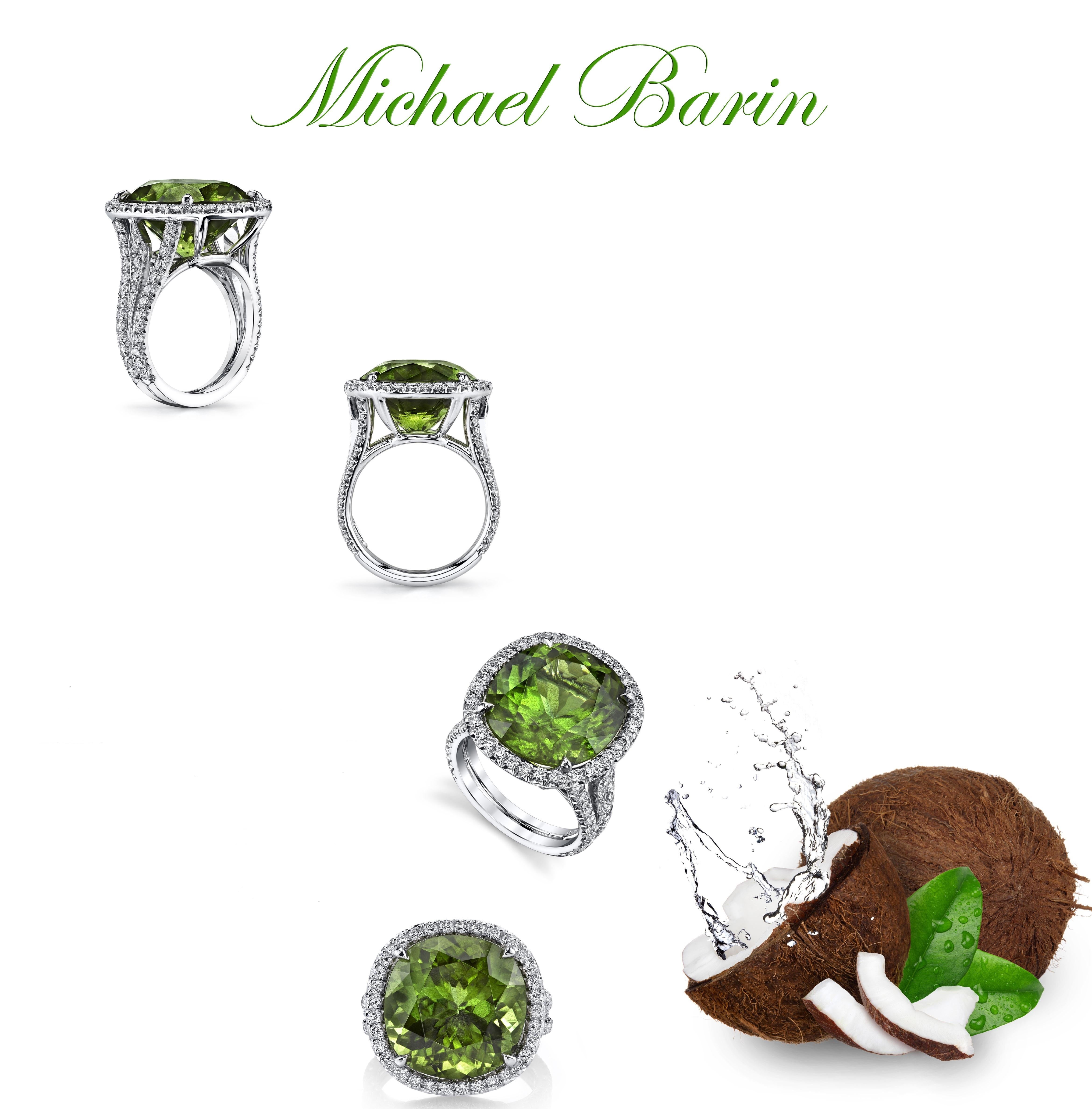 16.16ct Burmese Peridot Ring Adorned with 1.15ct Diamonds and Set in 18 KW In New Condition In Granada Hills, CA
