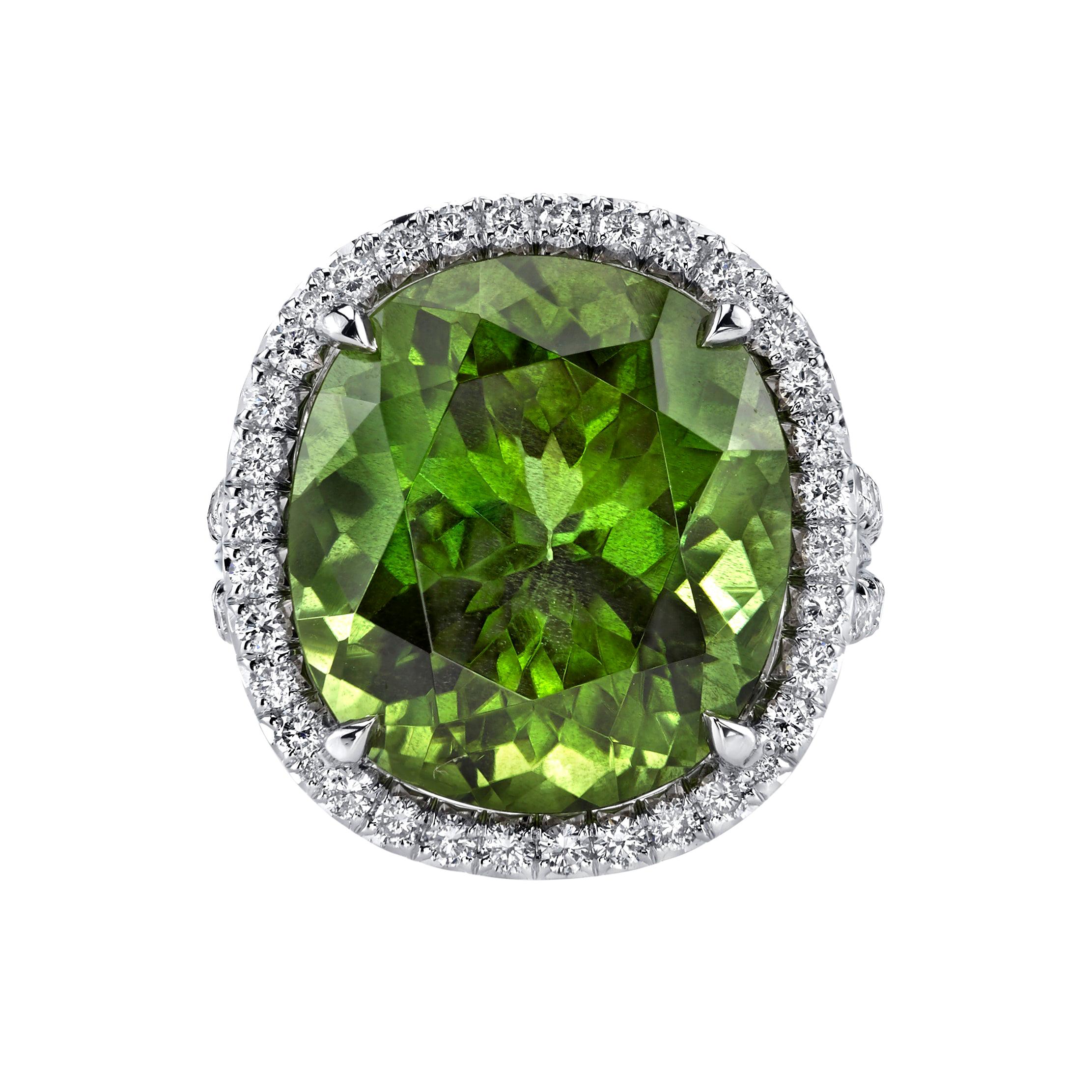 16.16ct Burmese Peridot Ring Adorned with 1.15ct Diamonds and Set in 18 KW