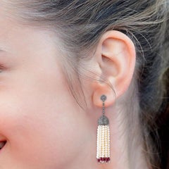 161.7 Carat Diamond, Pearl and Ruby Dangle Earrings