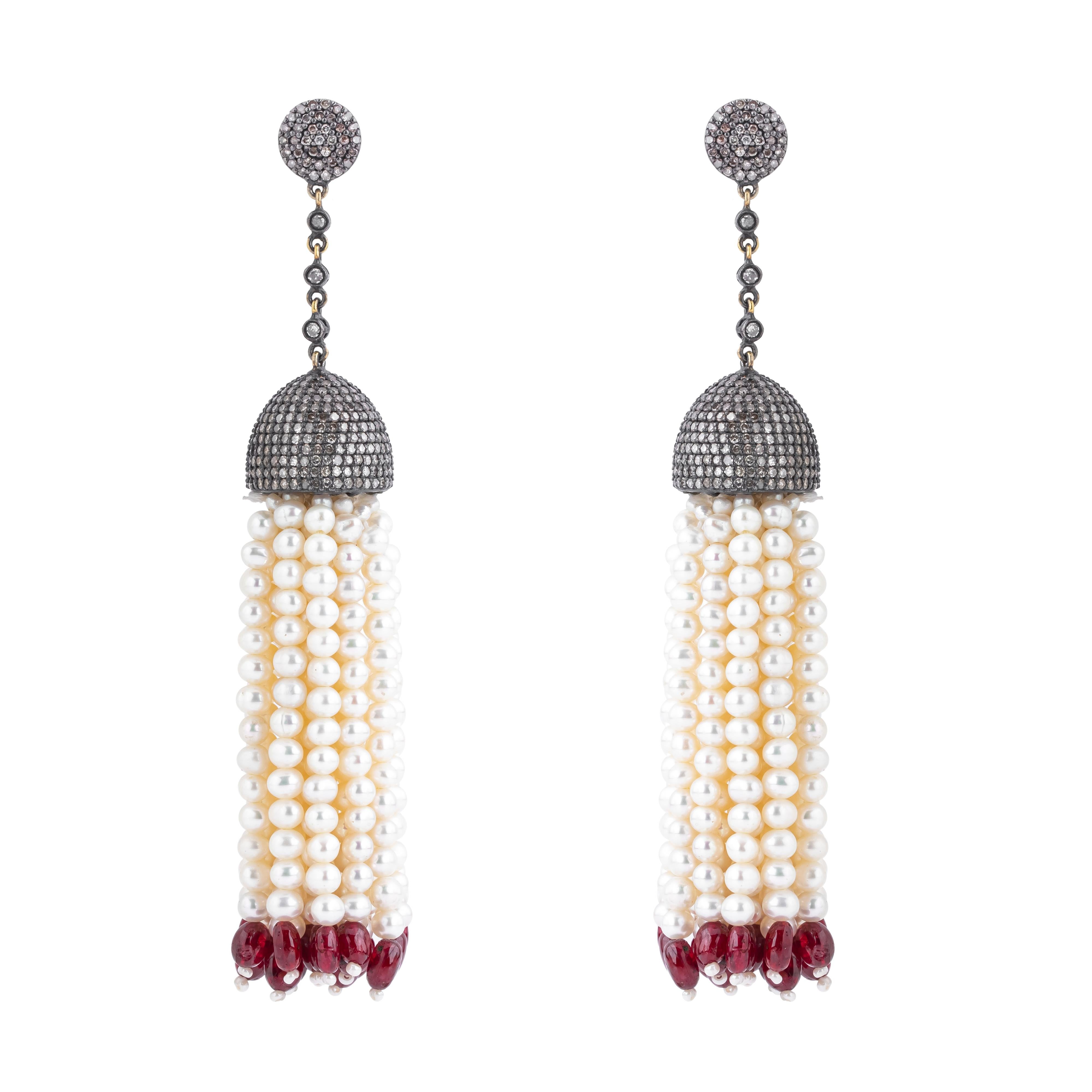 Women's 161.7 Carat Diamond, Pearl and Ruby Dangle Earrings For Sale