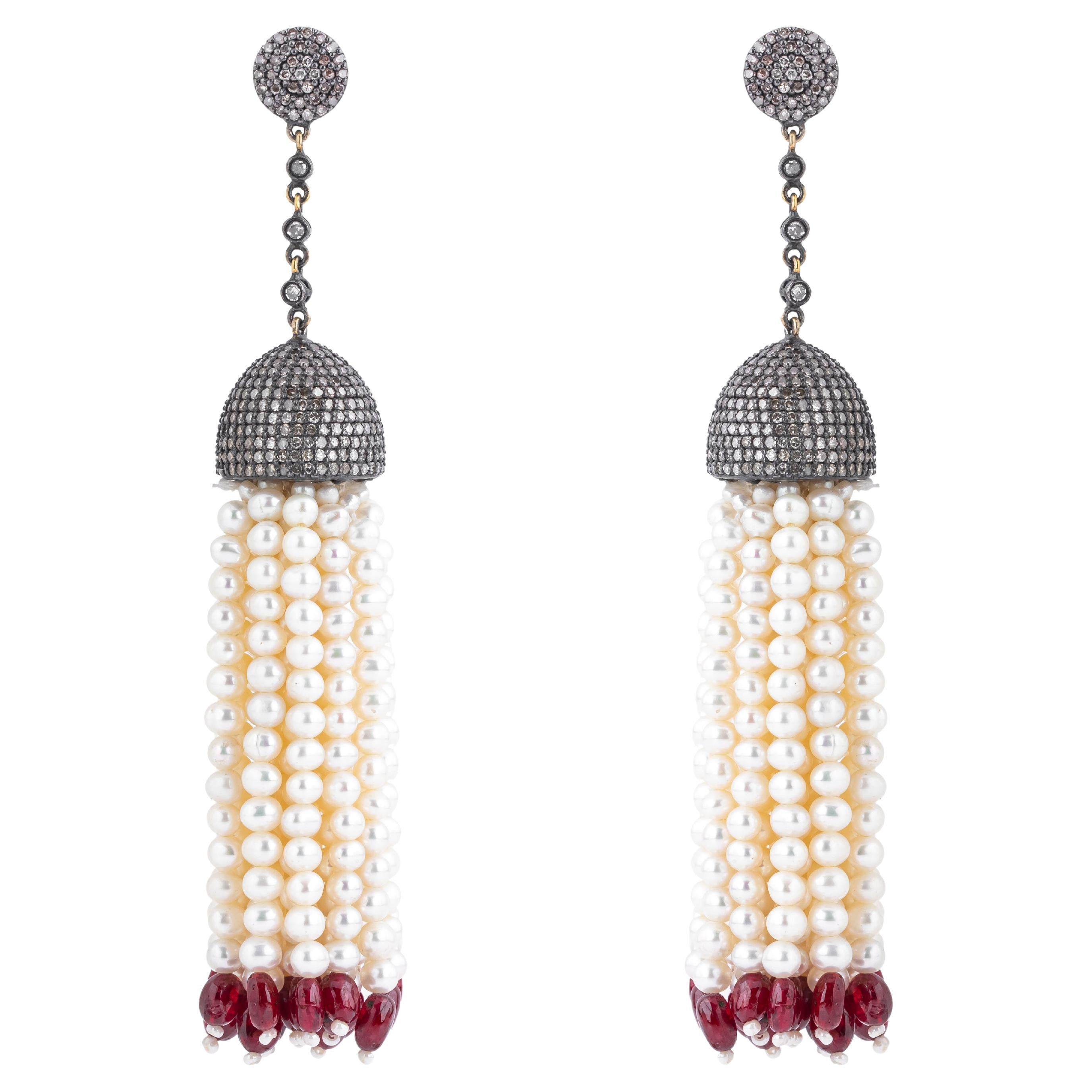 161.7 Carat Diamond, Pearl and Ruby Dangle Earrings For Sale