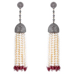 161.7 Carat Diamond, Pearl and Ruby Dangle Earrings