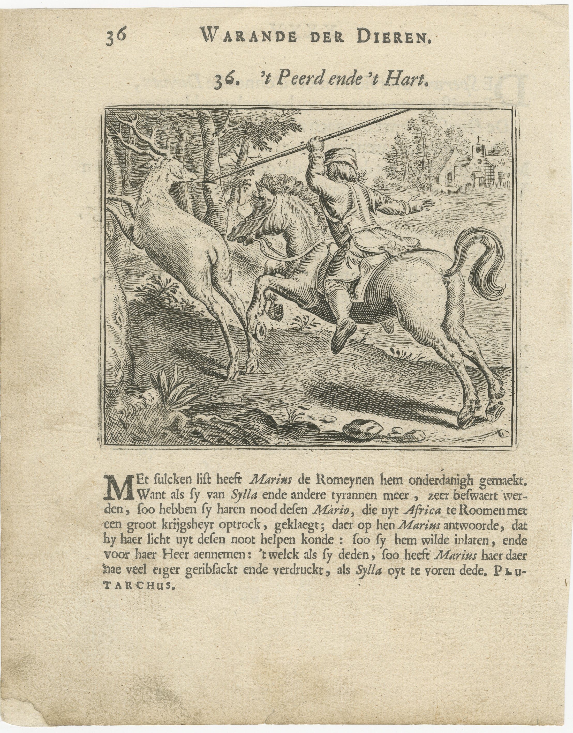 Rare 1617 Vondel Engraving from Warande der Dieren – The Horse and the Deer

Description:
This exceptionally rare original engraving comes from the 1617 publication 'Warande der Dieren' (Garden of Animals) by Joost van den Vondel, widely regarded as