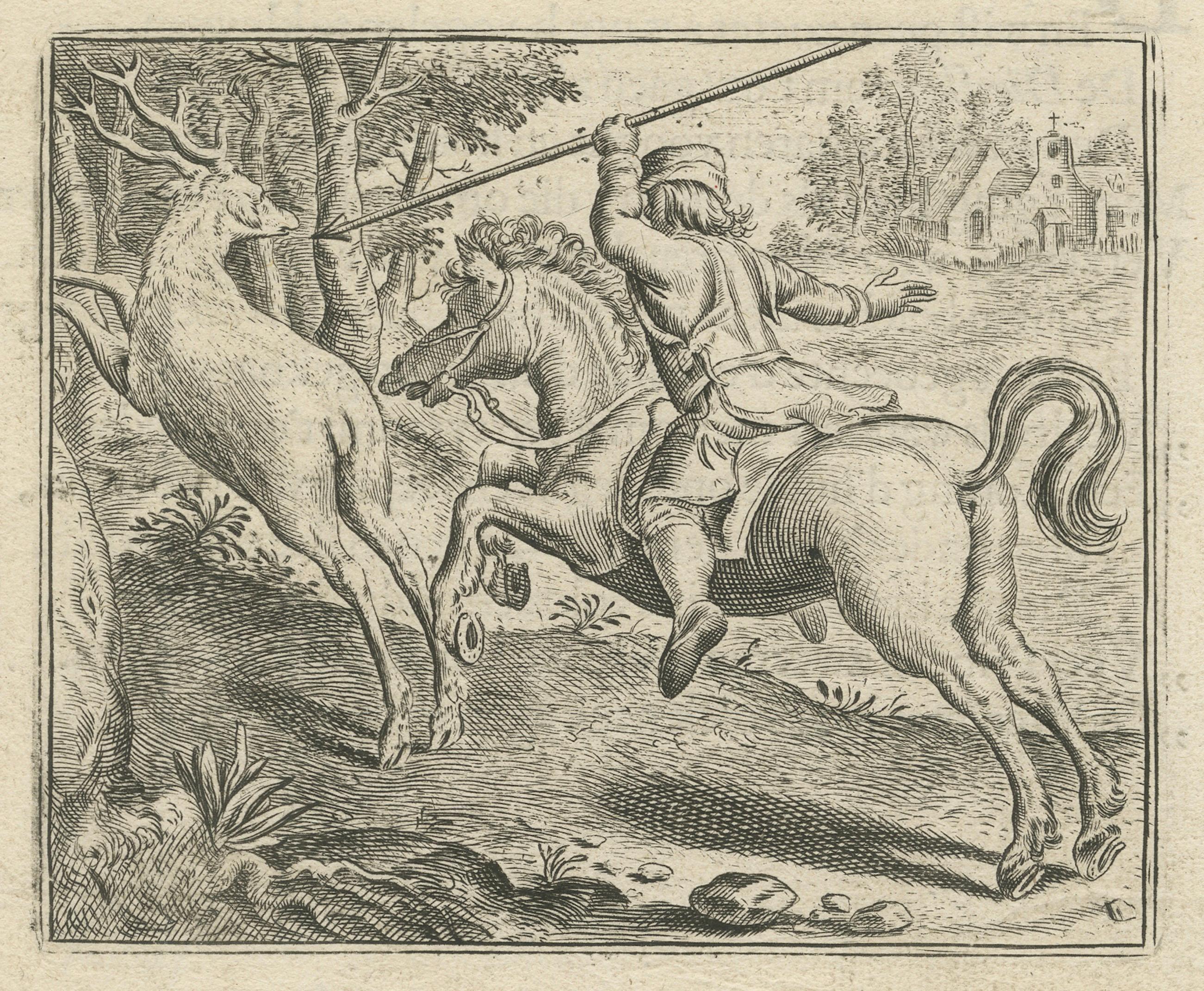 Dutch 1617 Horse and Deer Engraving by Vondel – Warande der Dieren For Sale