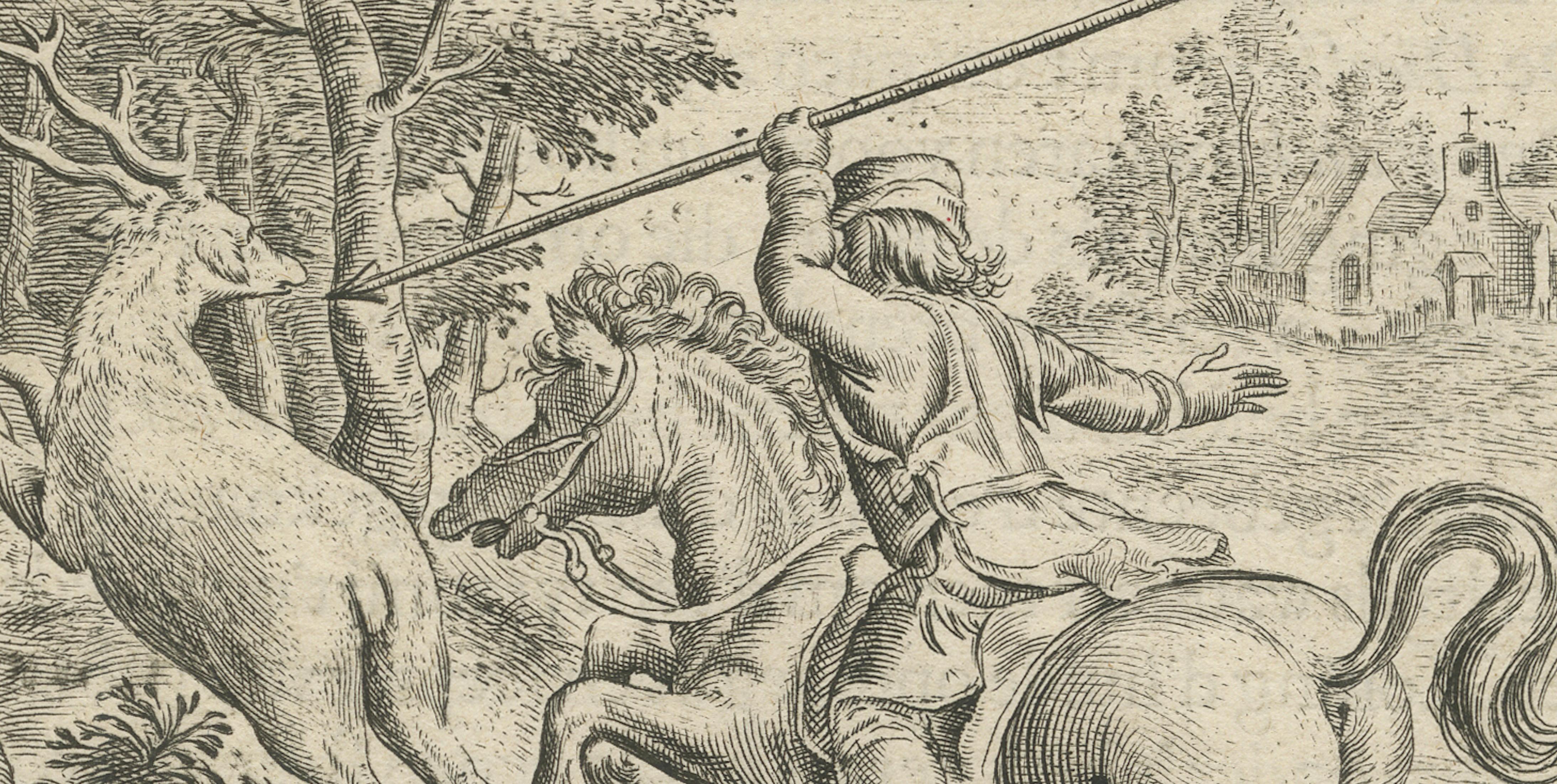 Engraved 1617 Horse and Deer Engraving by Vondel – Warande der Dieren For Sale