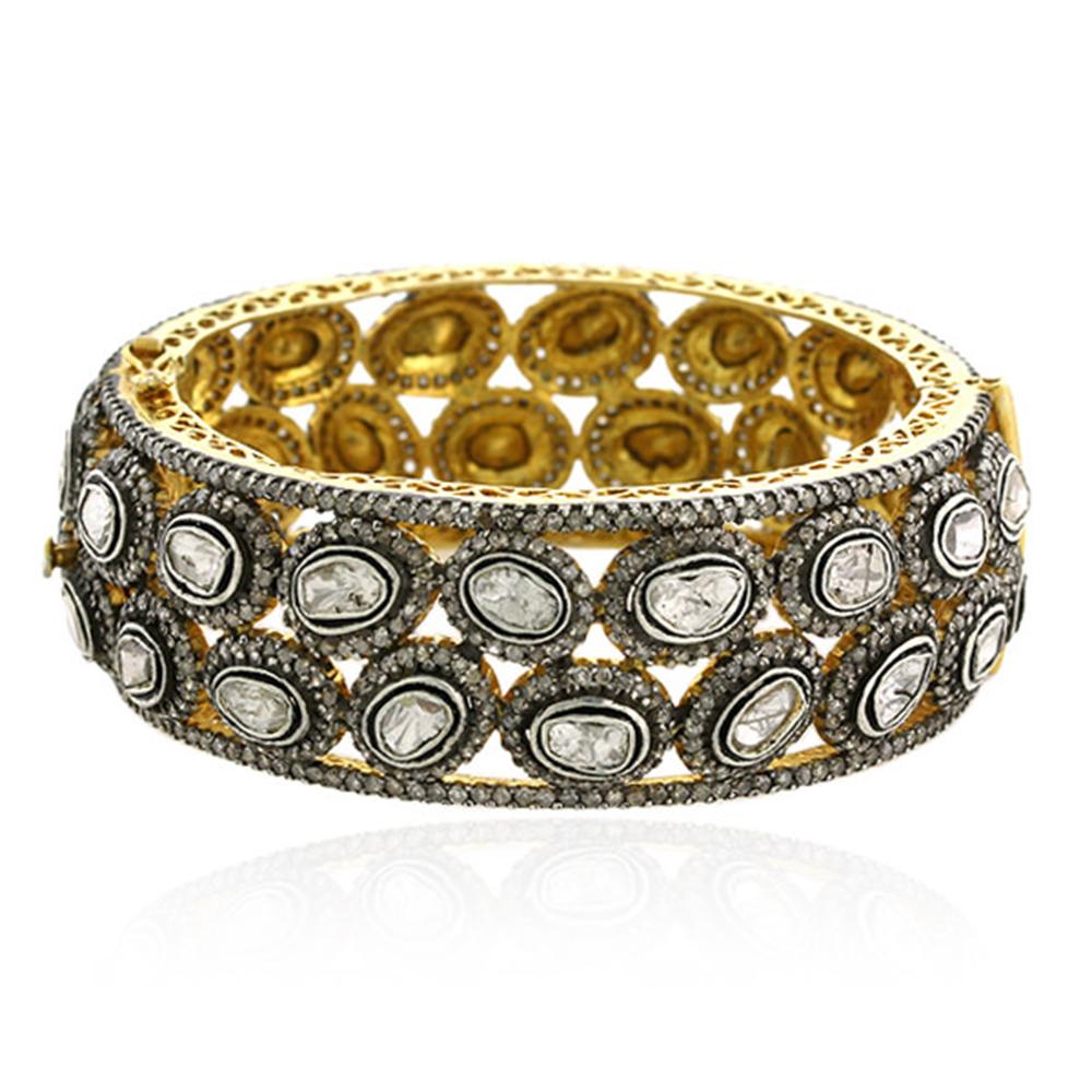 16.17ct Rosecut Diamonds Victorian Looking Cuff Made In 14K Gold and Silver In New Condition For Sale In New York, NY