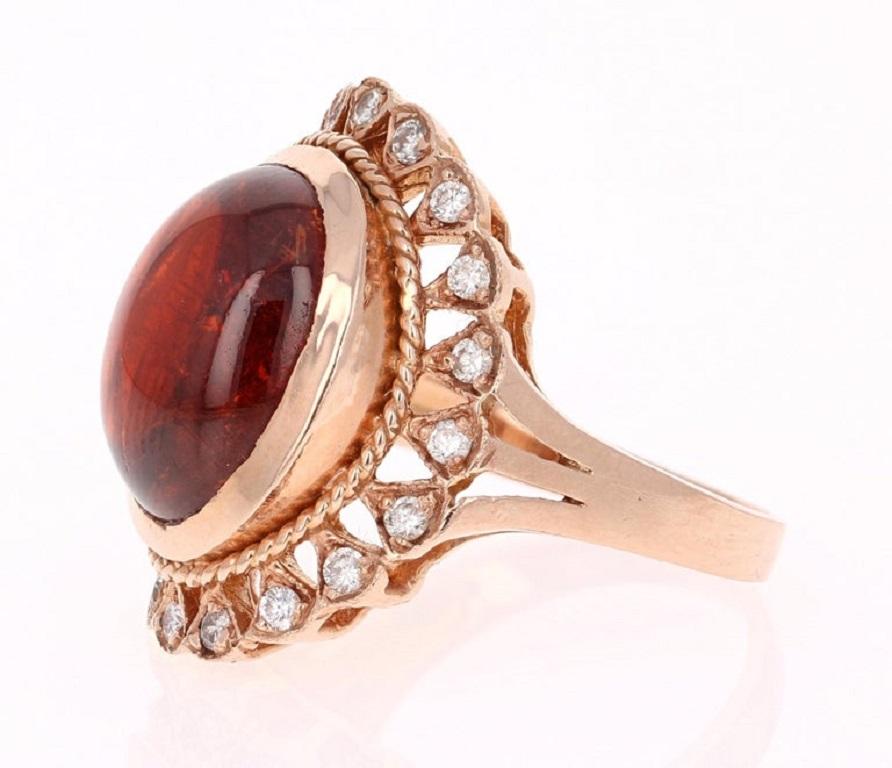 Victorian 16.18 Carat Cabochon Spessartine Garnet Diamond Ring 14 Karat Rose Gold For Sale