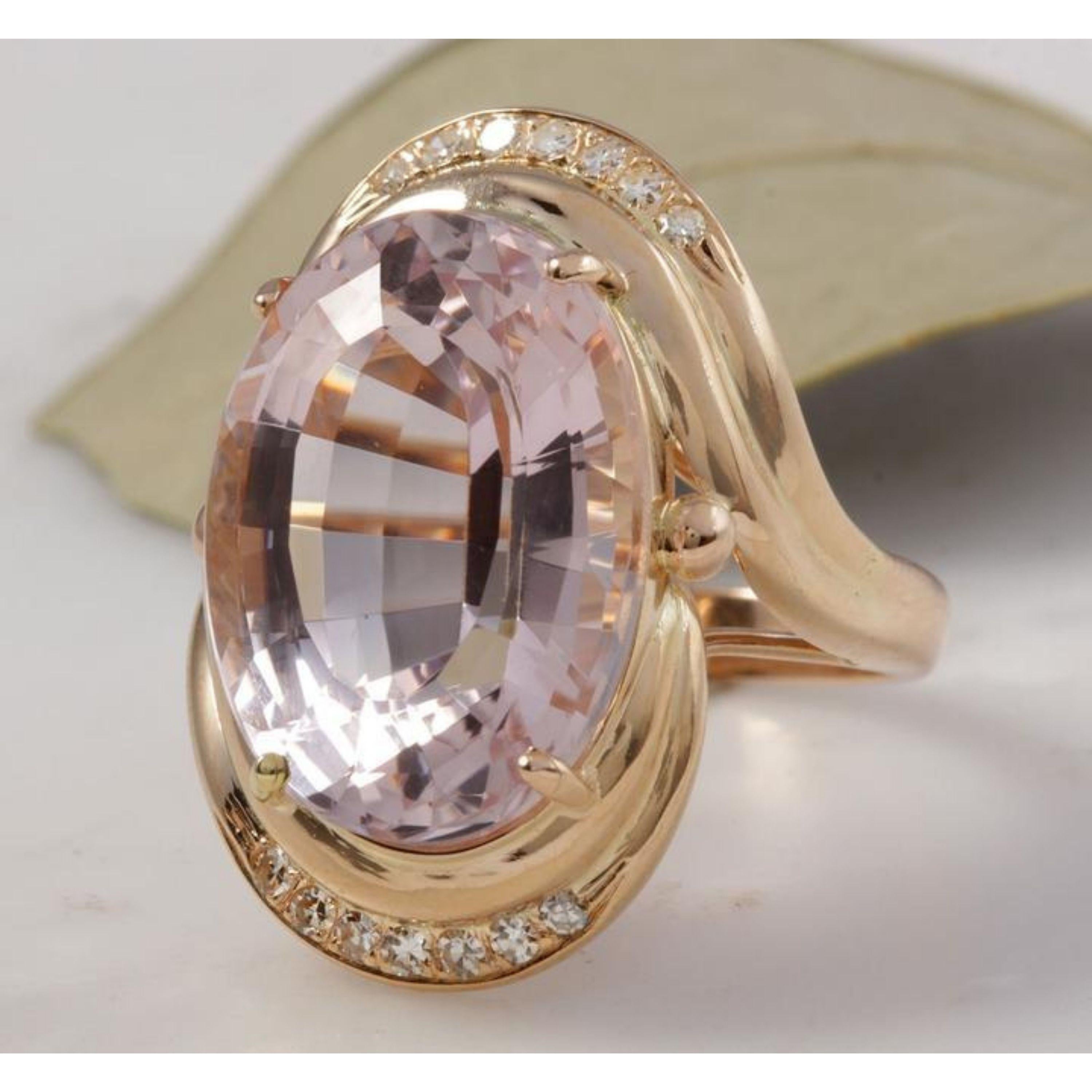 16.18 Carats Exquisite Natural Pink Kunzite and Diamond 14K Solid Rose Gold Ring

Total Natural Oval Shaped Kunzite Weights: 15.90 Carats (VS)

Kunzite Measures: 18.36 x 13.52mm

Natural Round Diamonds Weight: .28 Carats (color F-G / Clarity