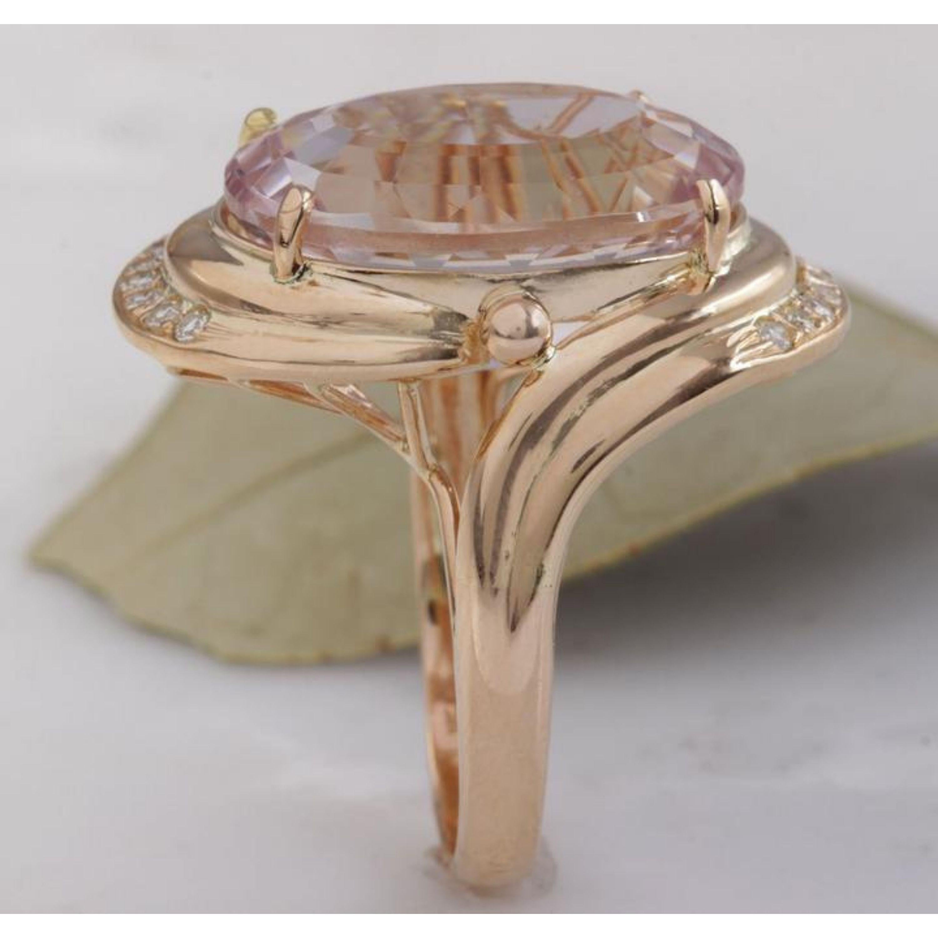 16.18 Carat Exquisite Natural Pink Kunzite and Diamond 14 Karat Solid Gold Ring For Sale 1