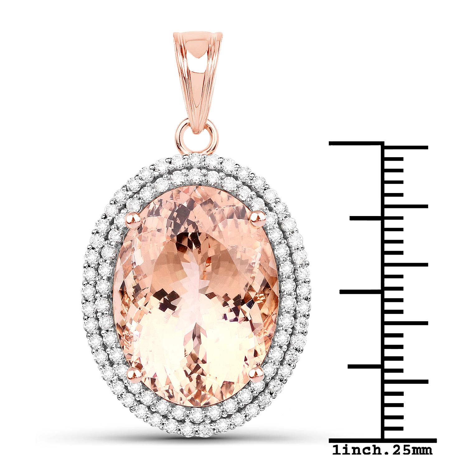 16.19 Carat Morganite Diamond 14K Rose Gold Pendant

Center Stone Details: 
Stone: Morganite
Shape: Oval cut 
Size: 19.10mm x 14.30mm
Weight: 16.19 carat

Diamond Details:
Shape: Round Brilliant (83)
Total Carat Weight: 0.83 carat 
Quality: SI1-SI2,